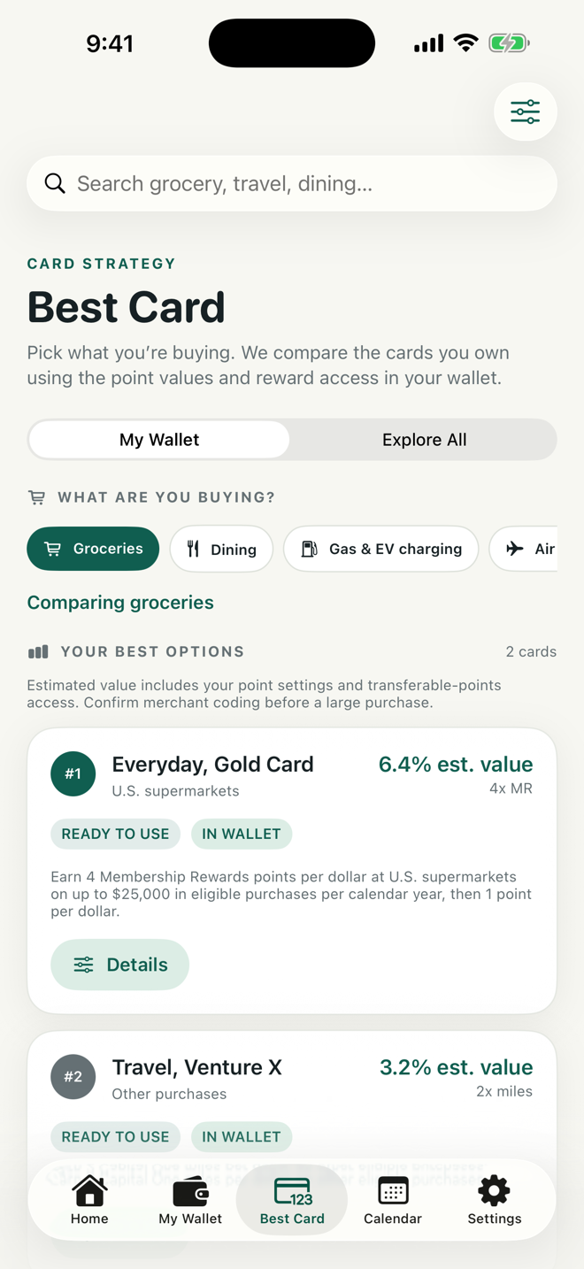 BenefitTrove Best Card screen comparing estimated reward value for groceries