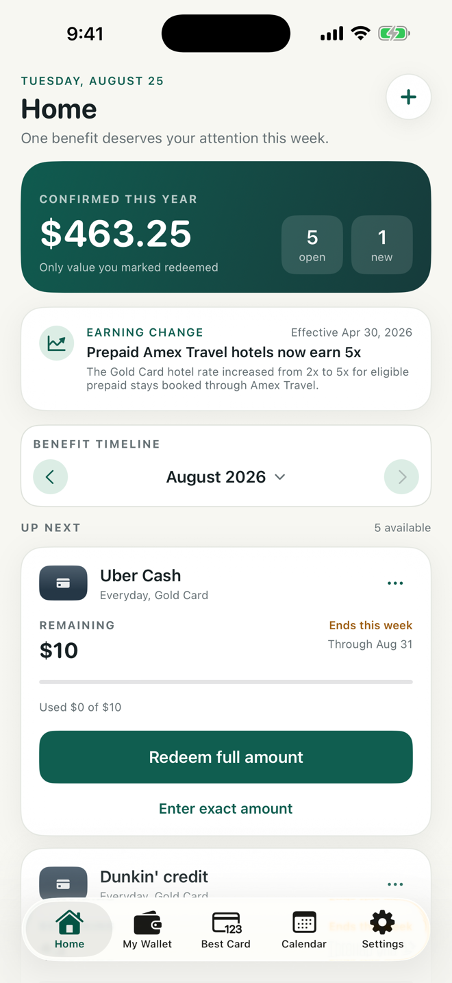 BenefitTrove home screen showing upcoming credit card benefits and remaining balances