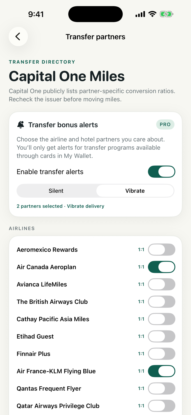 BenefitTrove transfer partner screen with airline-specific bonus alert controls