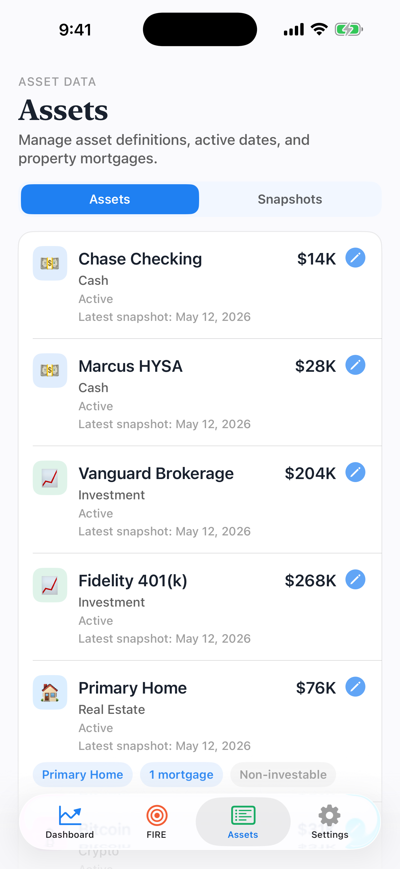 Assets list with checking, HYSA, brokerage, 401(k), Roth IRA, primary home, and crypto