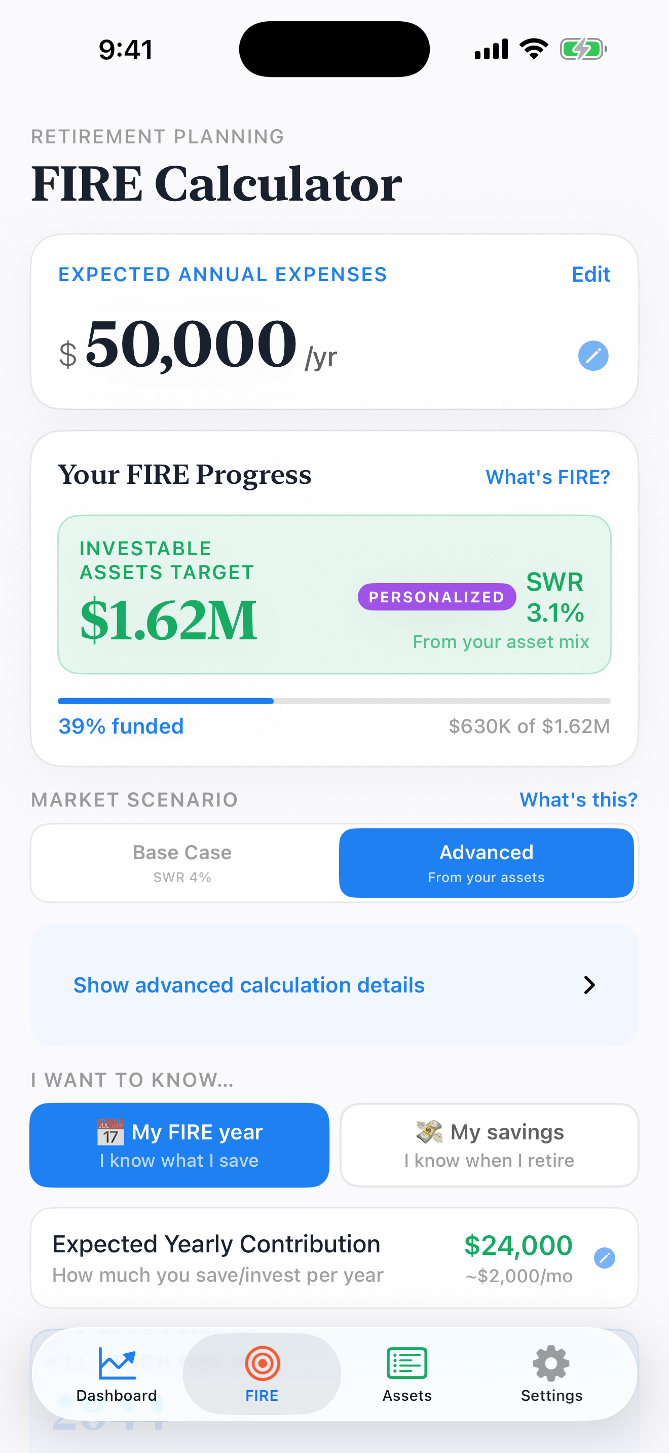 FIRE Calculator screen showing $50,000 annual expenses and $1.25M investable target with 50.4% funded