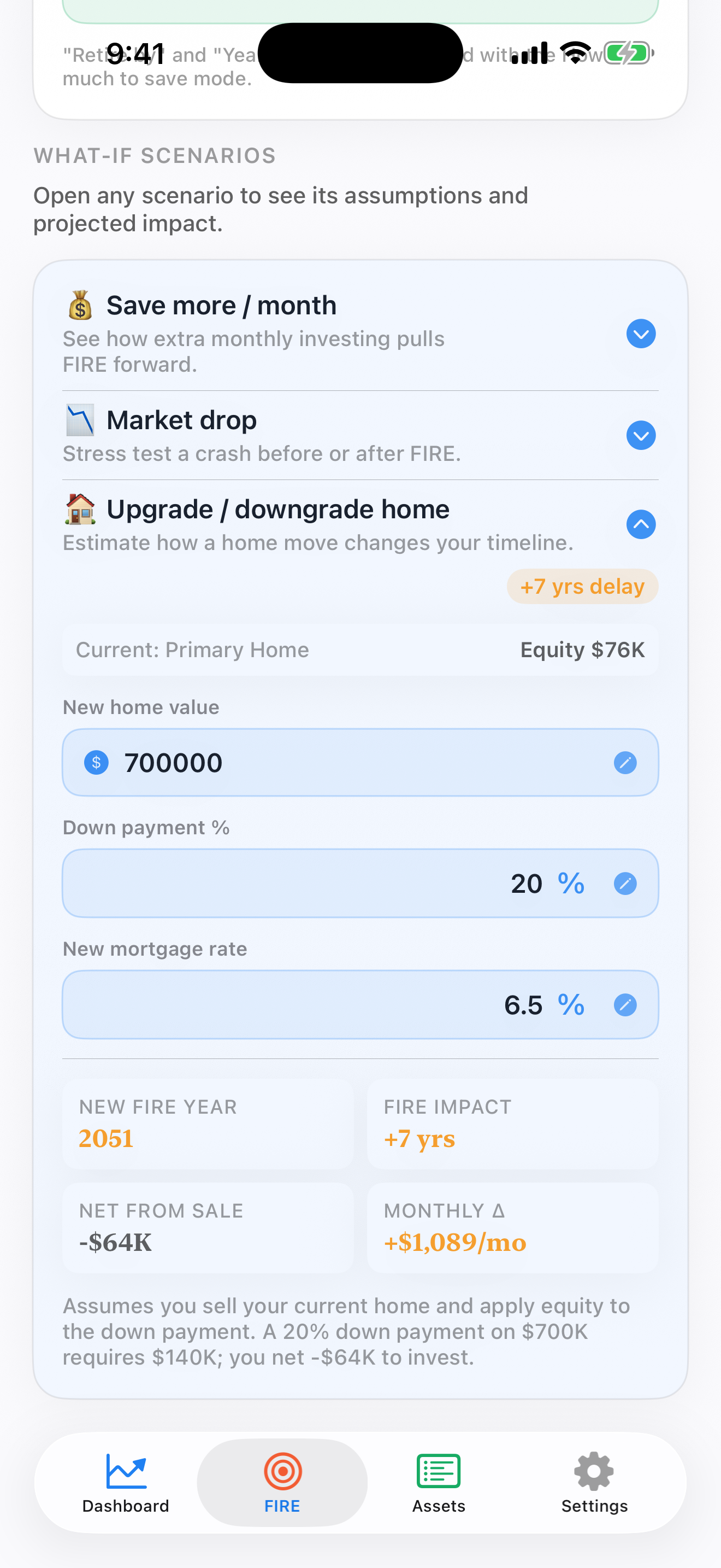 Upgrade home scenario — $700K target, FIRE delayed 7 yrs, monthly +$1,089