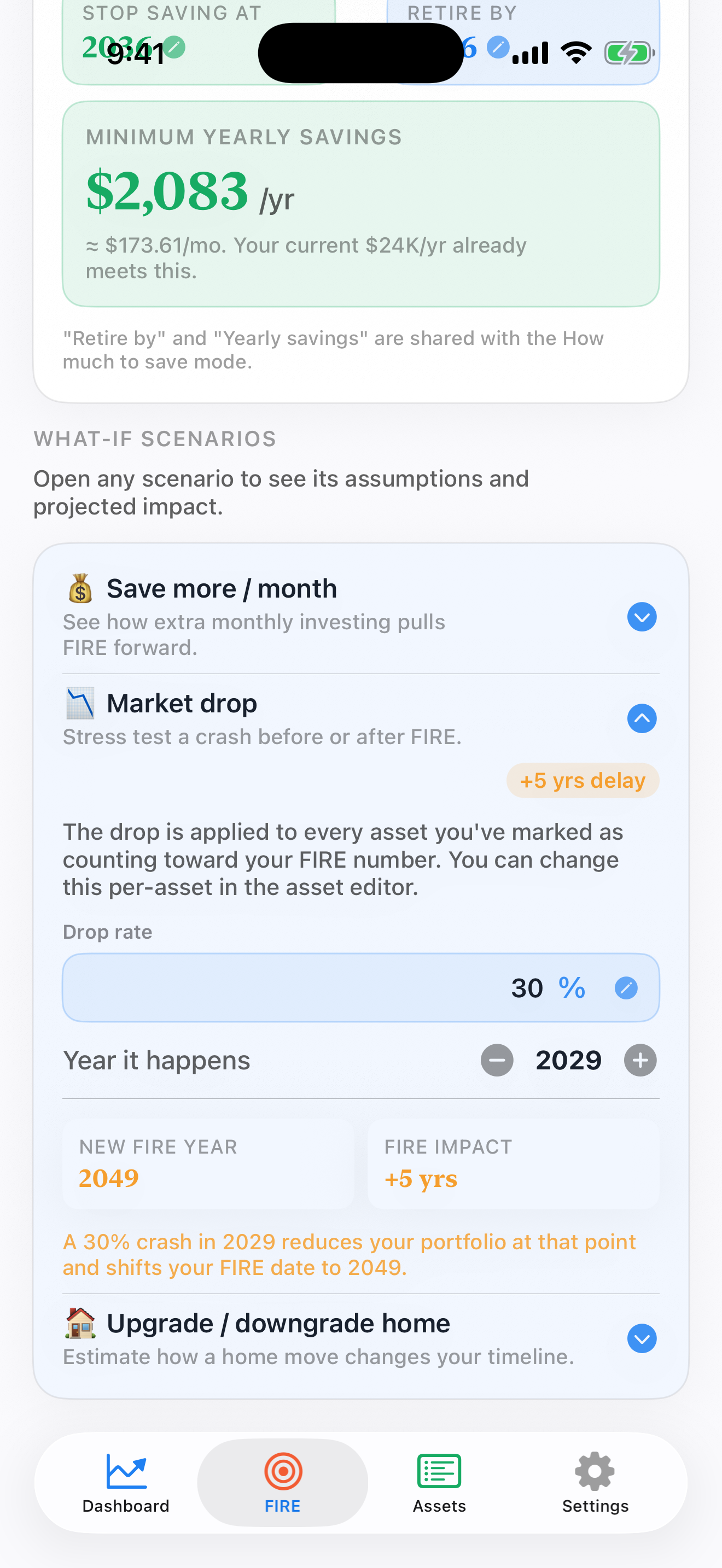 Market drop scenario — 30% crash in 2029 shifts FIRE date to 2049