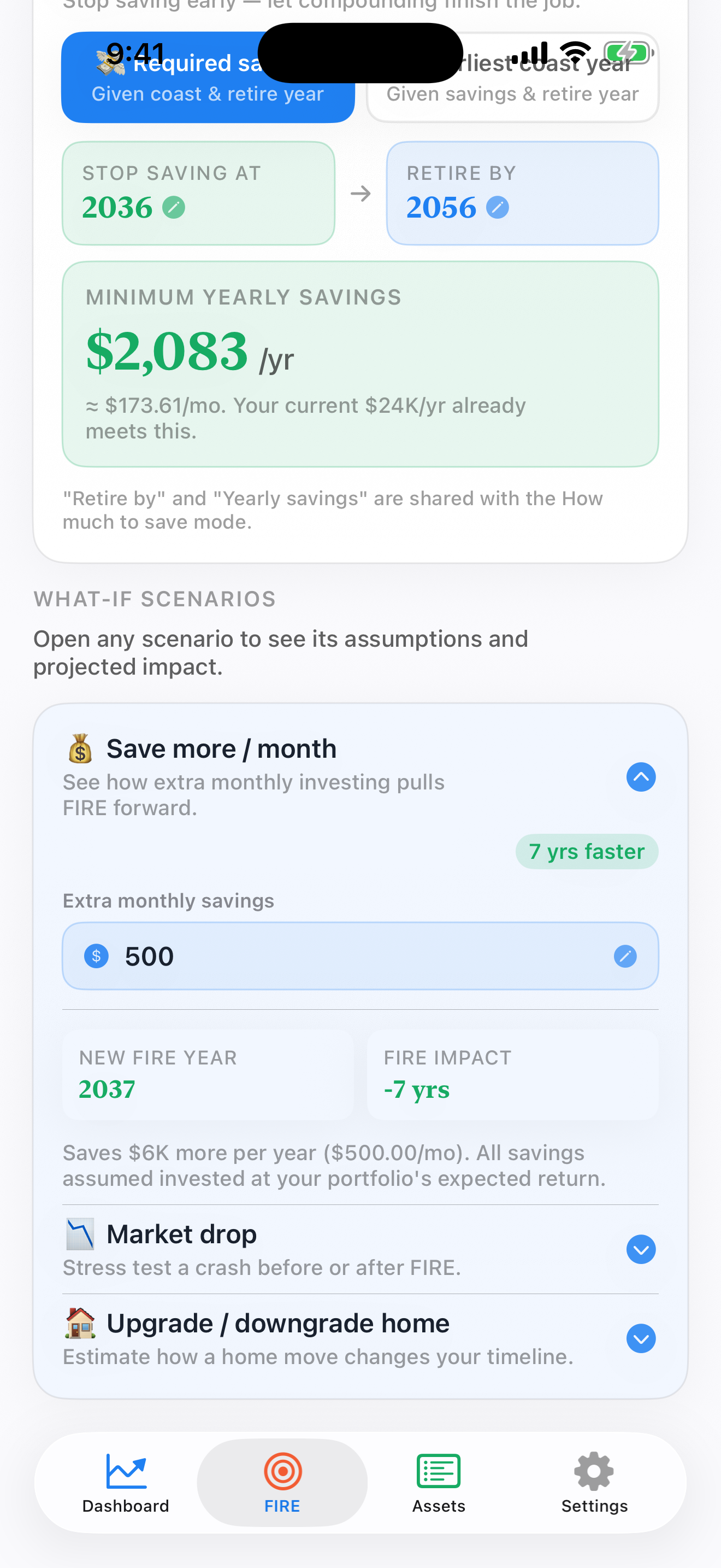 Save more / month scenario in the app — new FIRE year 2037, FIRE impact −7 yrs