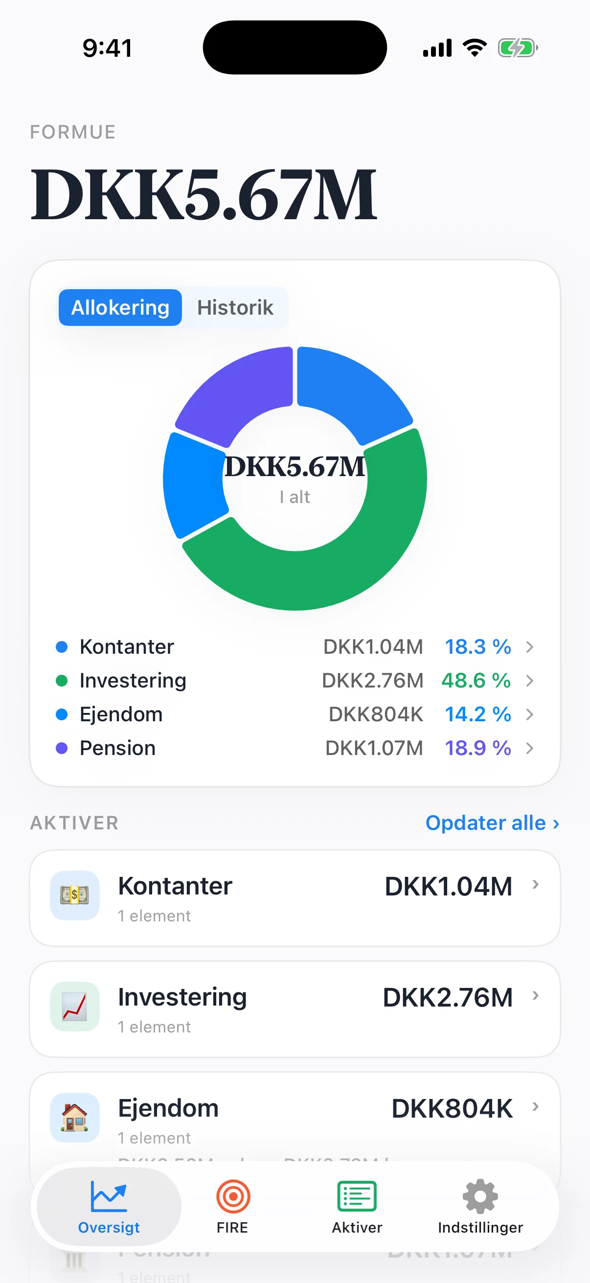 Coastful Pro-overblik med nettoformue, porteføljefordeling og opdateringer af aktiver