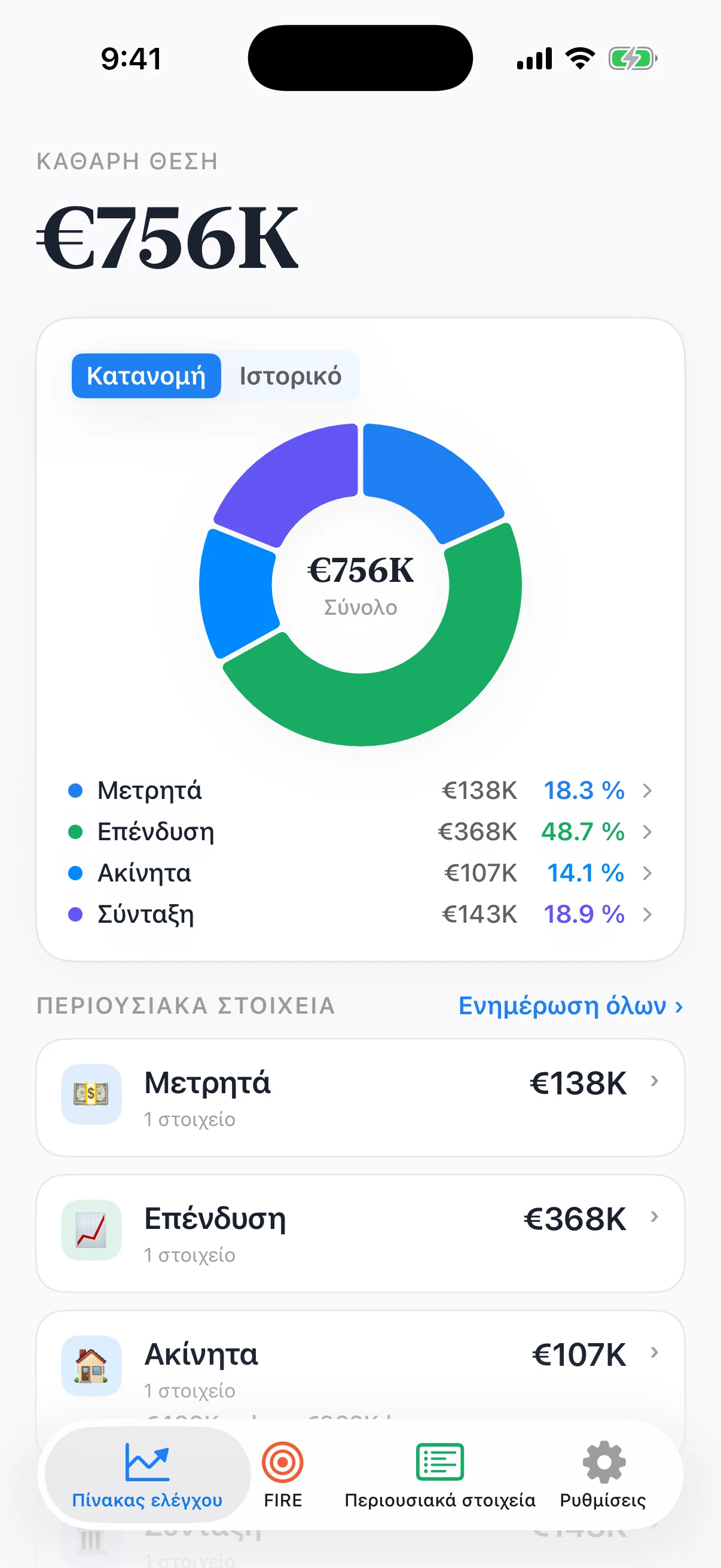Πίνακας Coastful Pro με καθαρή περιουσία, αξίες, κατανομή χαρτοφυλακίου και ενημερώσεις στοιχείων