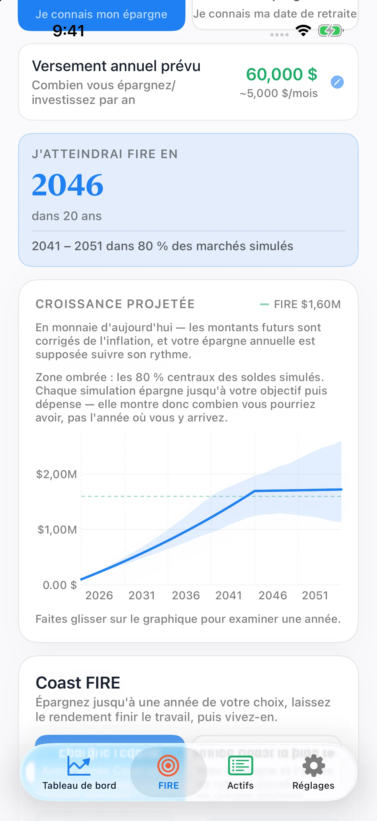 Projection FIRE de Coastful Pro montrant un calendrier de retraite et une plage Monte Carlo ombrée