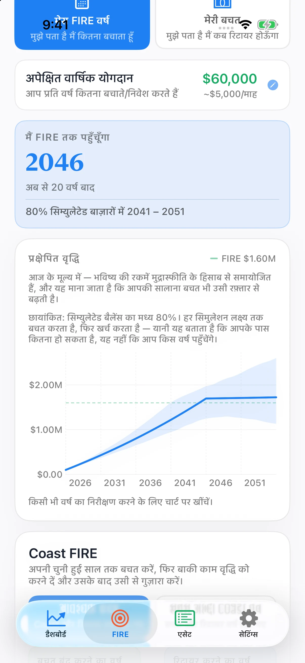 Coastful Pro FIRE अनुमान में रिटायरमेंट योजना और छायांकित Monte Carlo सीमा