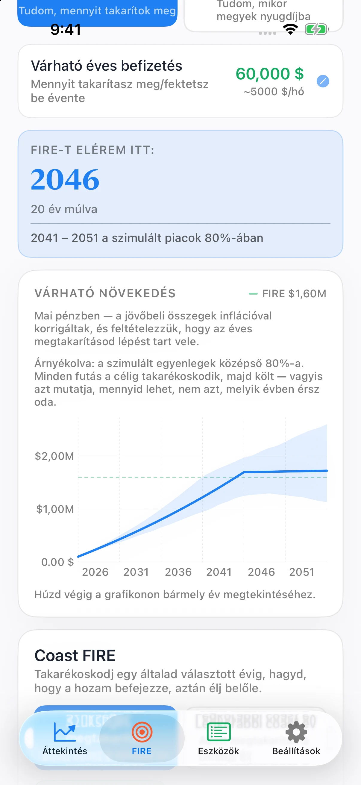 Coastful Pro FIRE-előrejelzés nyugdíjtervvel és árnyékolt Monte Carlo-sávval