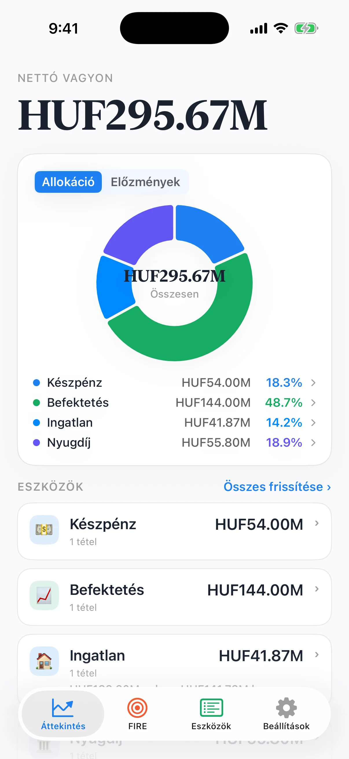 Coastful Pro nettó vagyon áttekintése egyenlegekkel, portfóliómegoszlással és eszközfrissítésekkel
