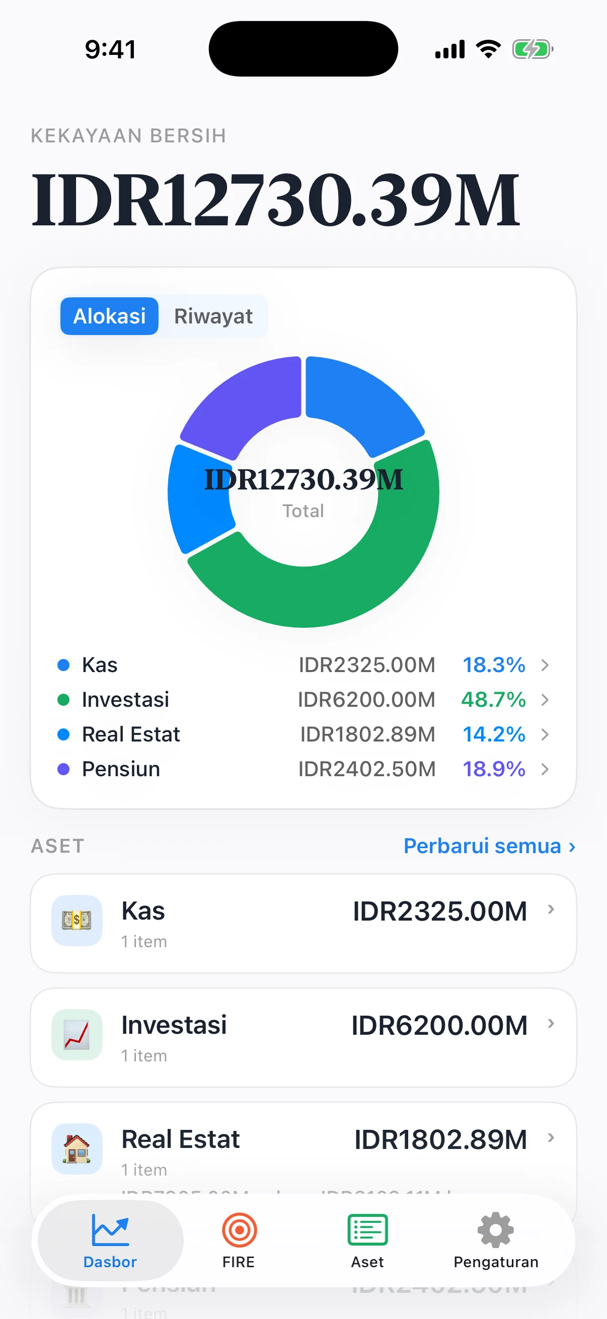 Dasbor kekayaan bersih Coastful Pro dengan saldo, alokasi portofolio, dan pembaruan aset