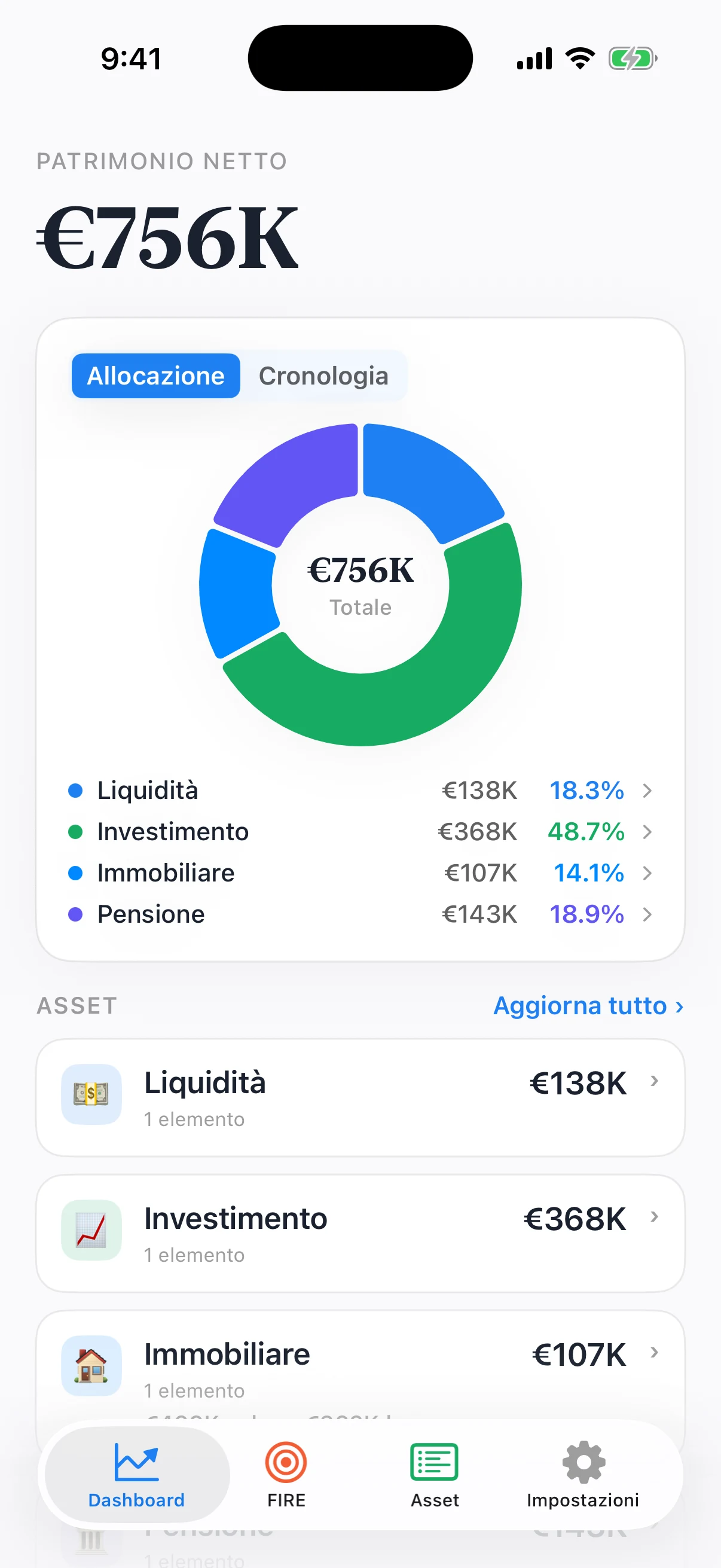 Dashboard Coastful Pro con saldi, allocazione del portafoglio e aggiornamenti delle attività