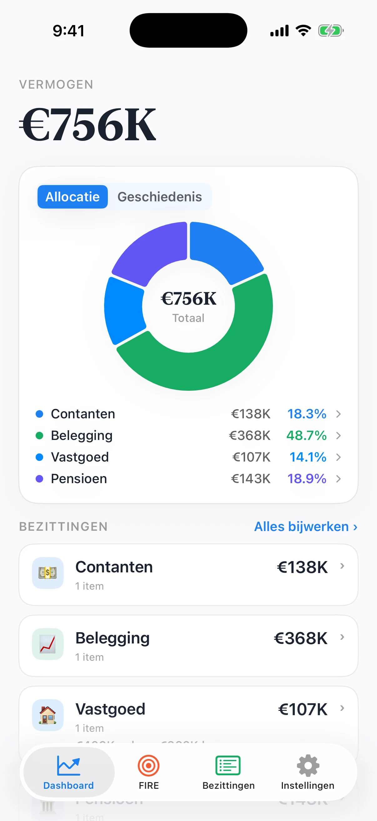 Coastful Pro-dashboard met saldi, portefeuilleverdeling en bijgewerkte bezittingen