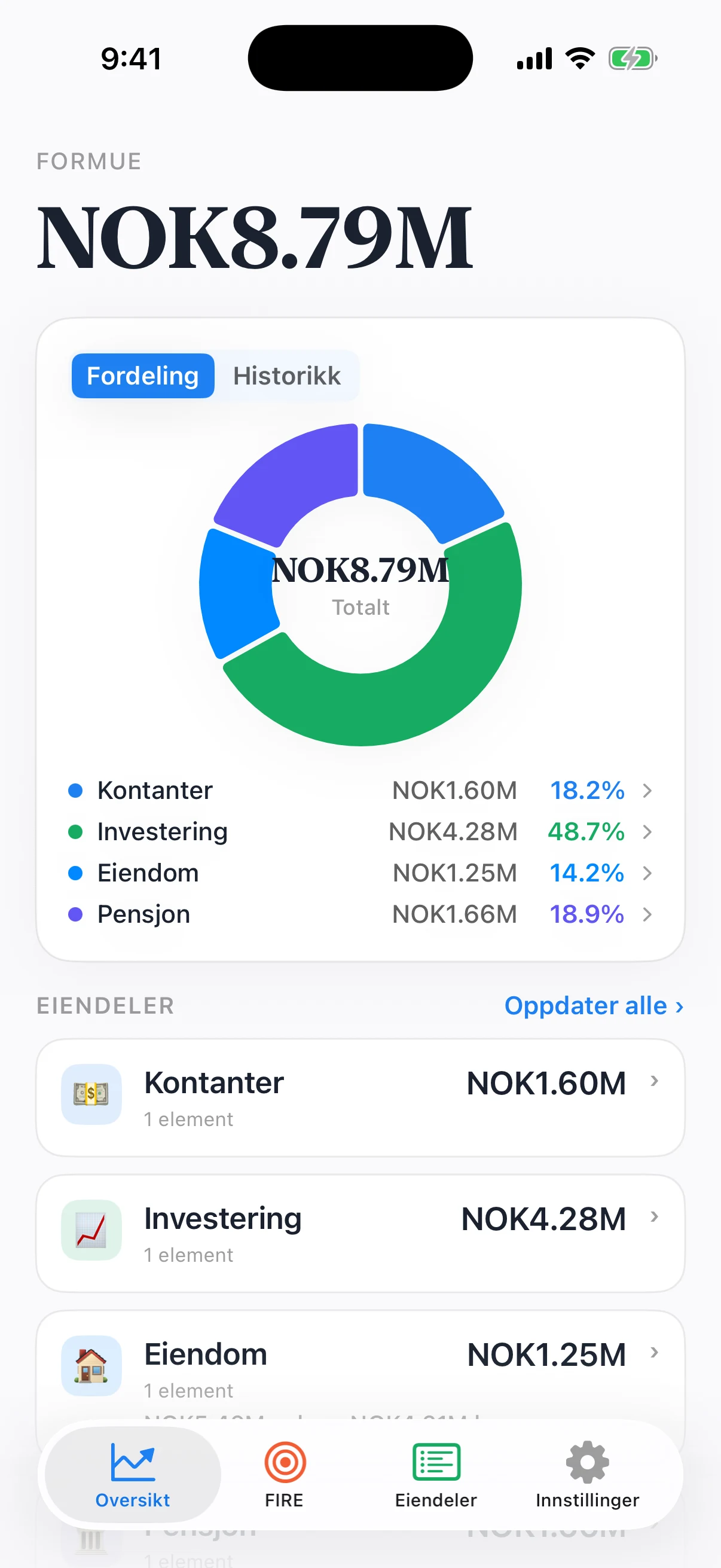 Coastful Pro-oversikt med nettoformue, porteføljefordeling og oppdatering av eiendeler