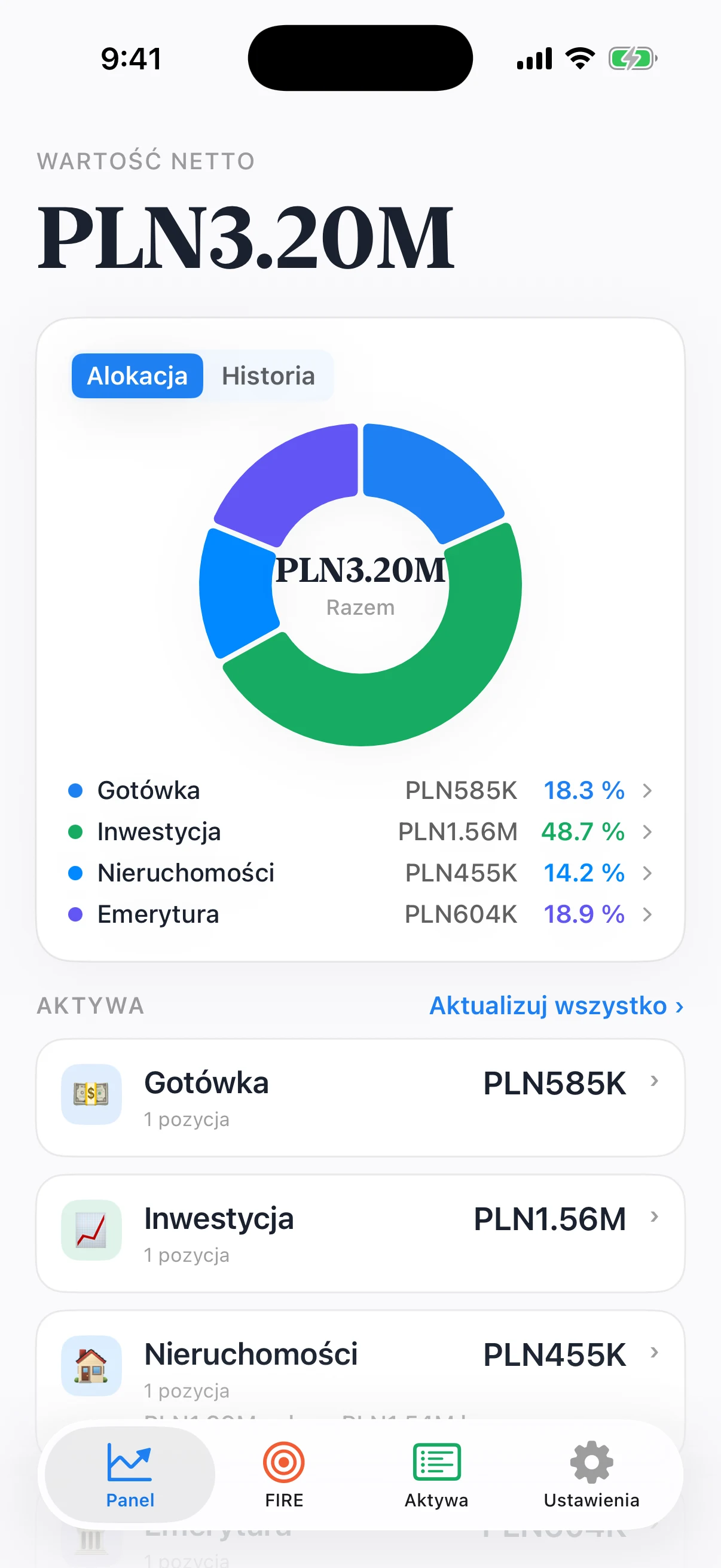 Panel Coastful Pro z majątkiem netto, wartościami, podziałem portfela i aktualizacją aktywów