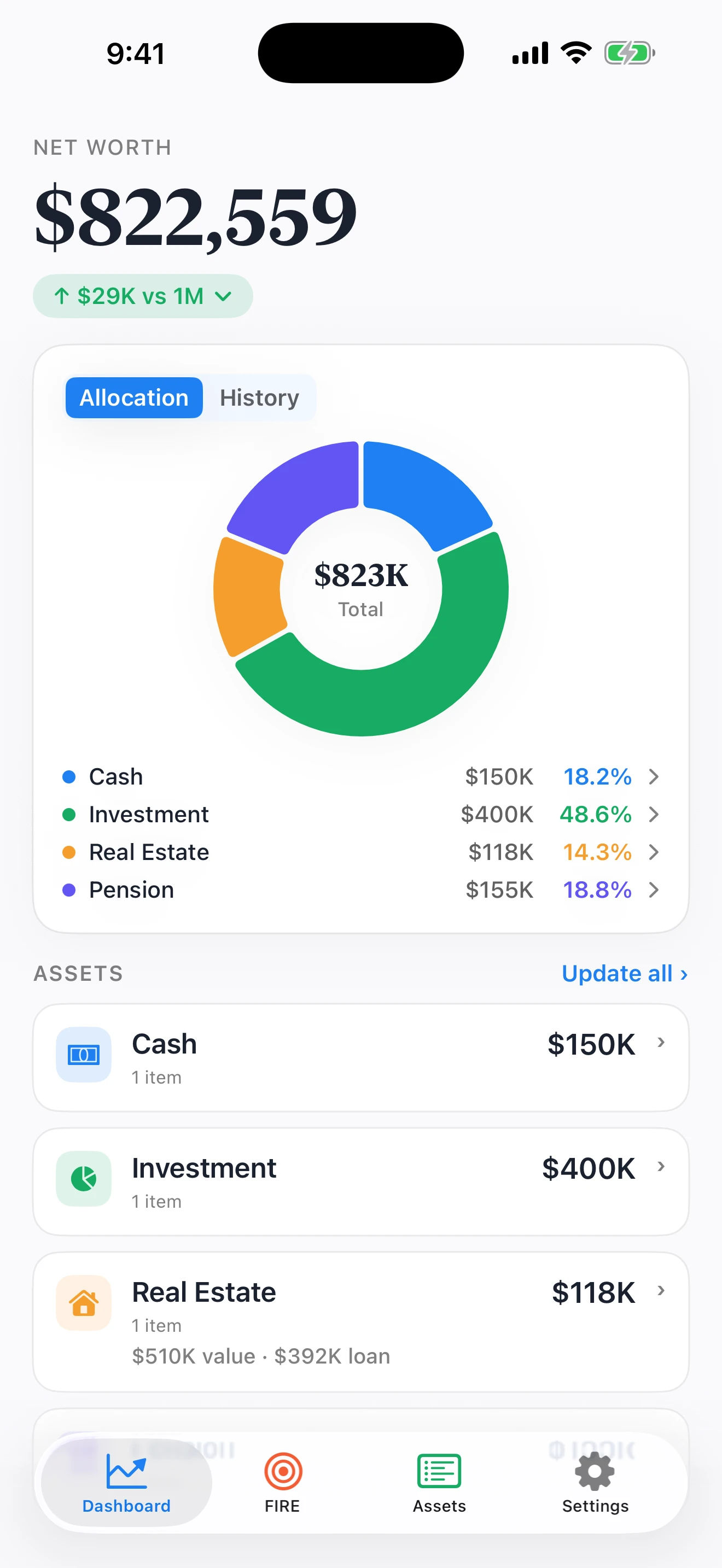 Coastful Pro net worth dashboard showing balances, portfolio allocation, and asset updates
