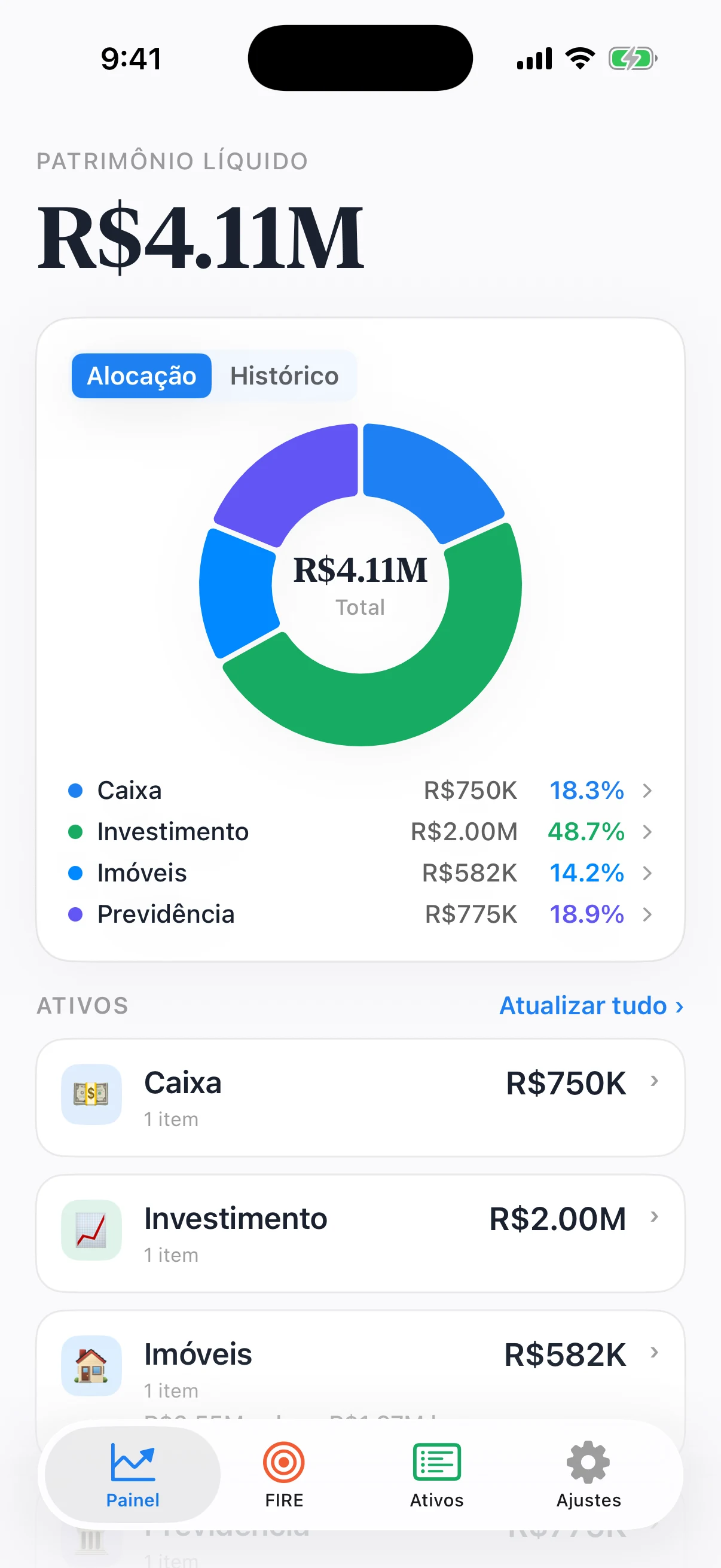 Painel do Coastful Pro mostrando saldos, alocação de portfólio e atualizações de ativos