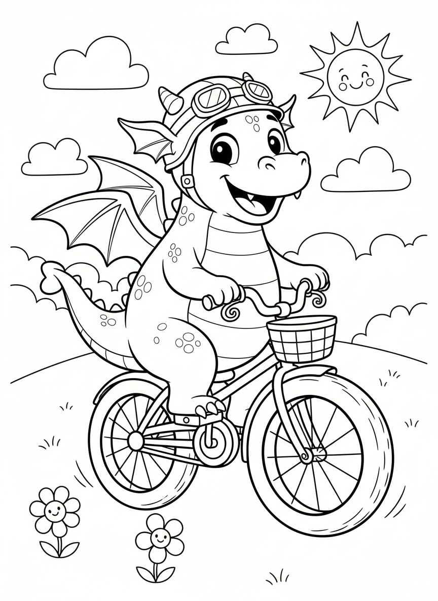 A dragon riding a bike, drawn as a printable black-and-white coloring page