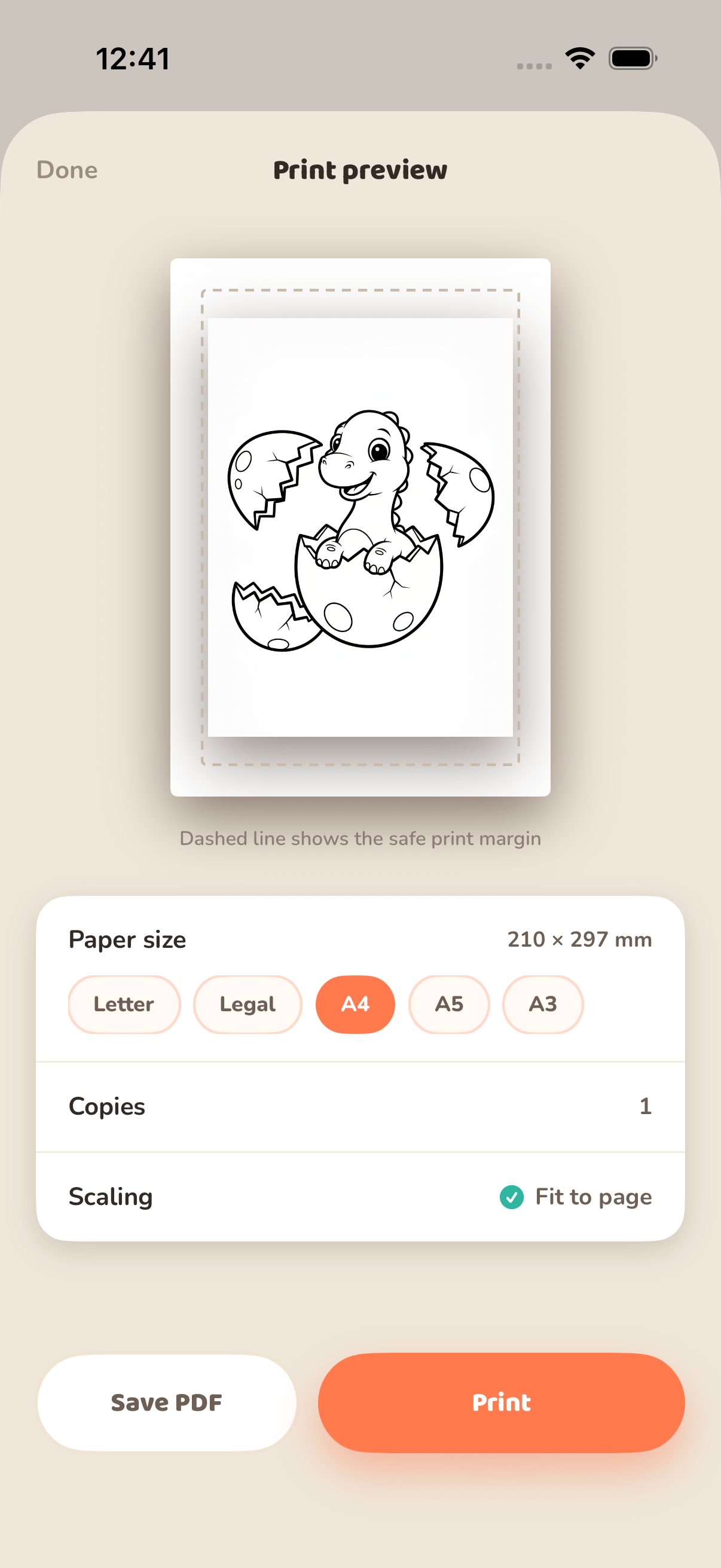 Print preview with paper sizes and safe margin