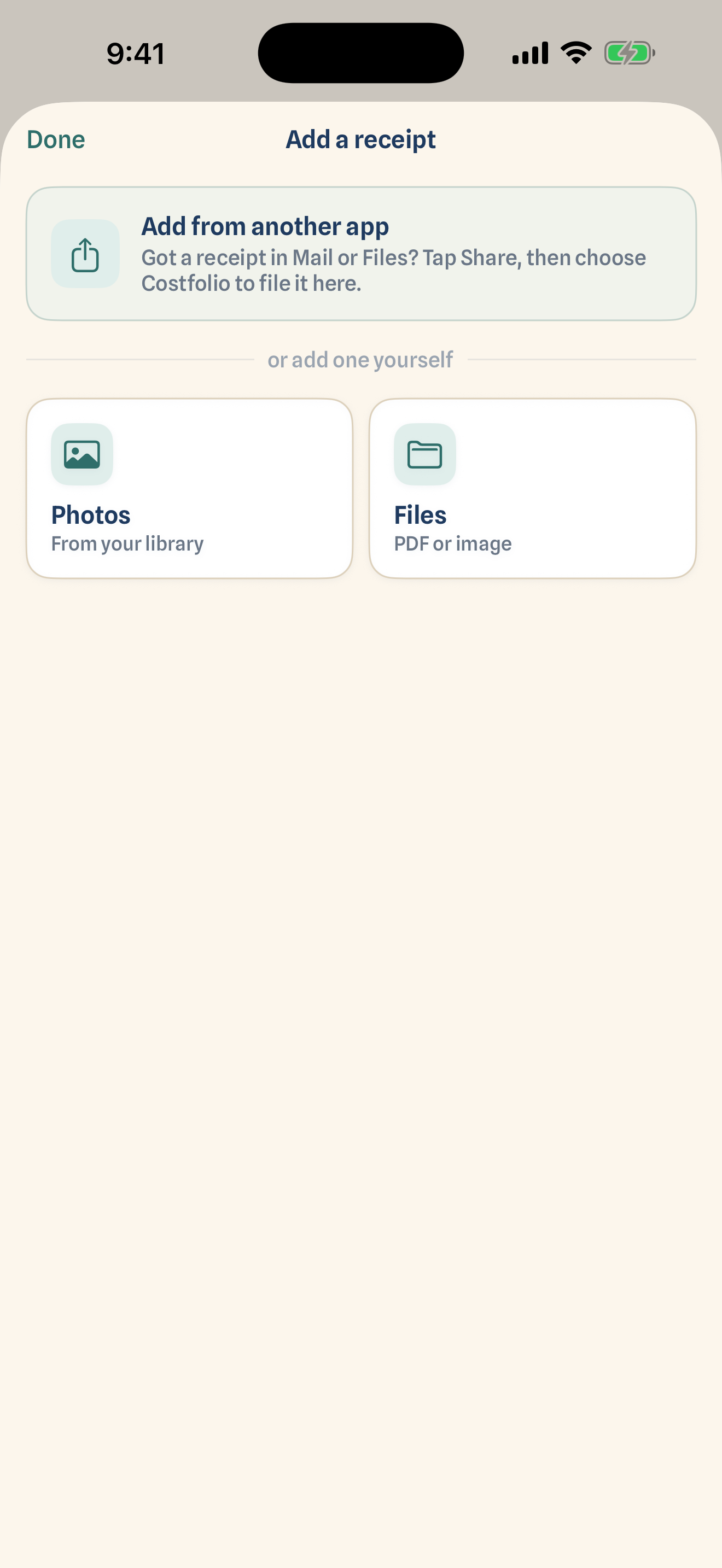 Add a receipt — share from Mail, Files, or Safari, or add a photo or PDF