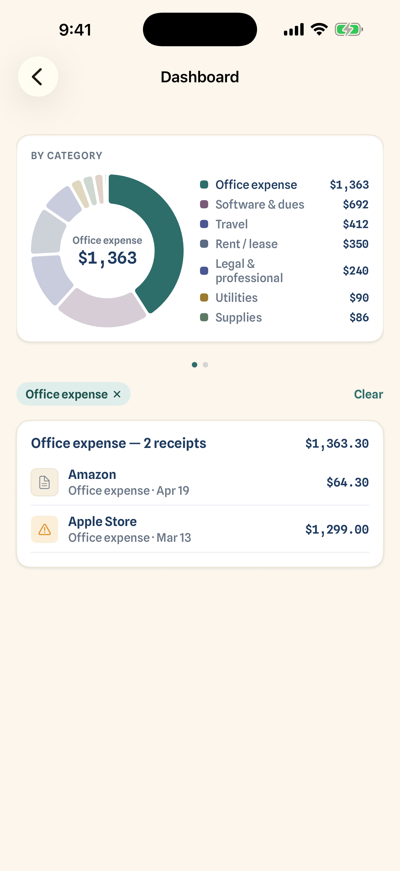 Costfolio dashboard — category donut with drill-down into receipts