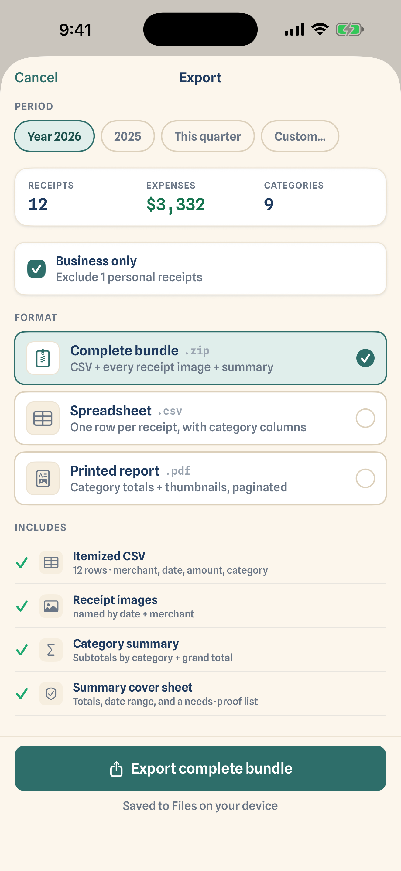 Export builder — complete bundle with CSV, receipt images, and summary