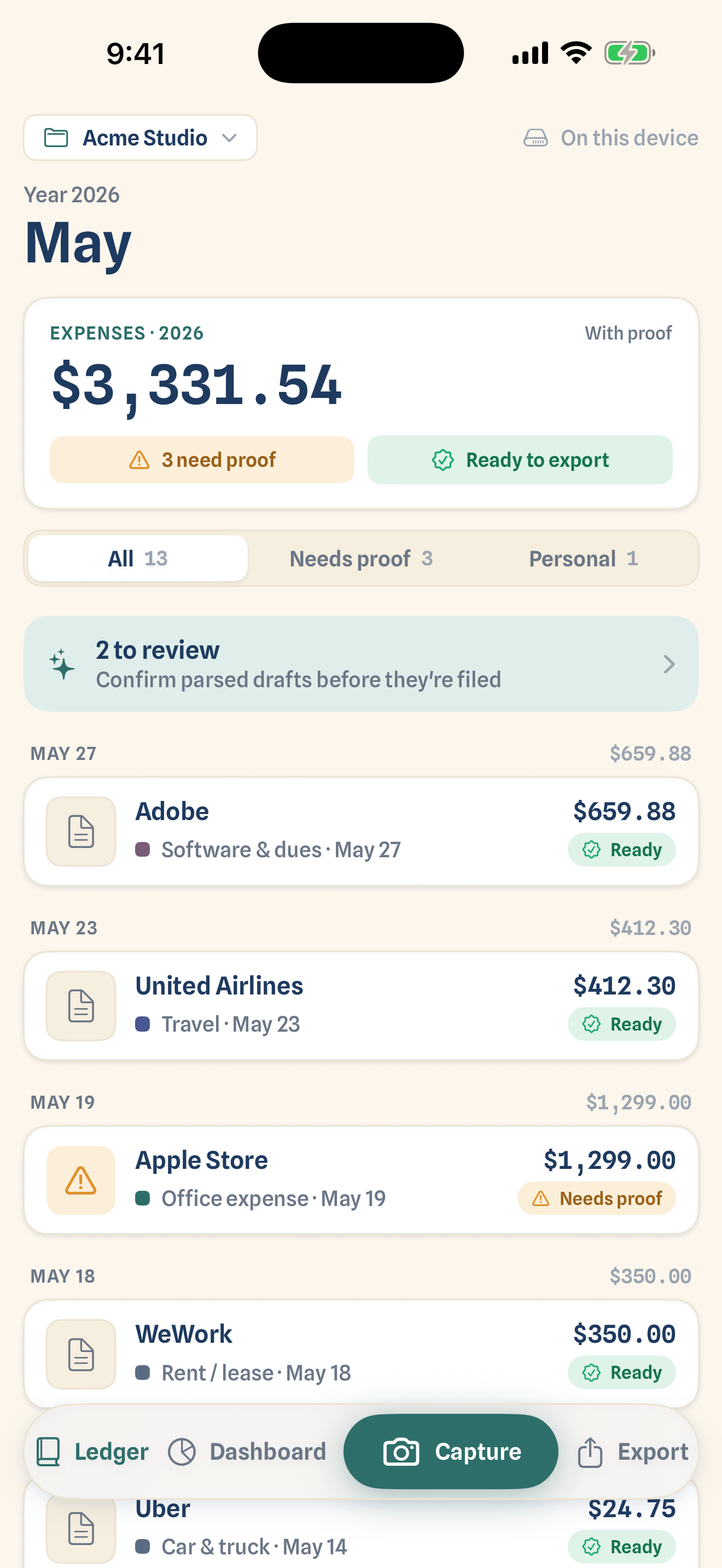 The Costfolio ledger on iPhone — May receipts with totals and proof status