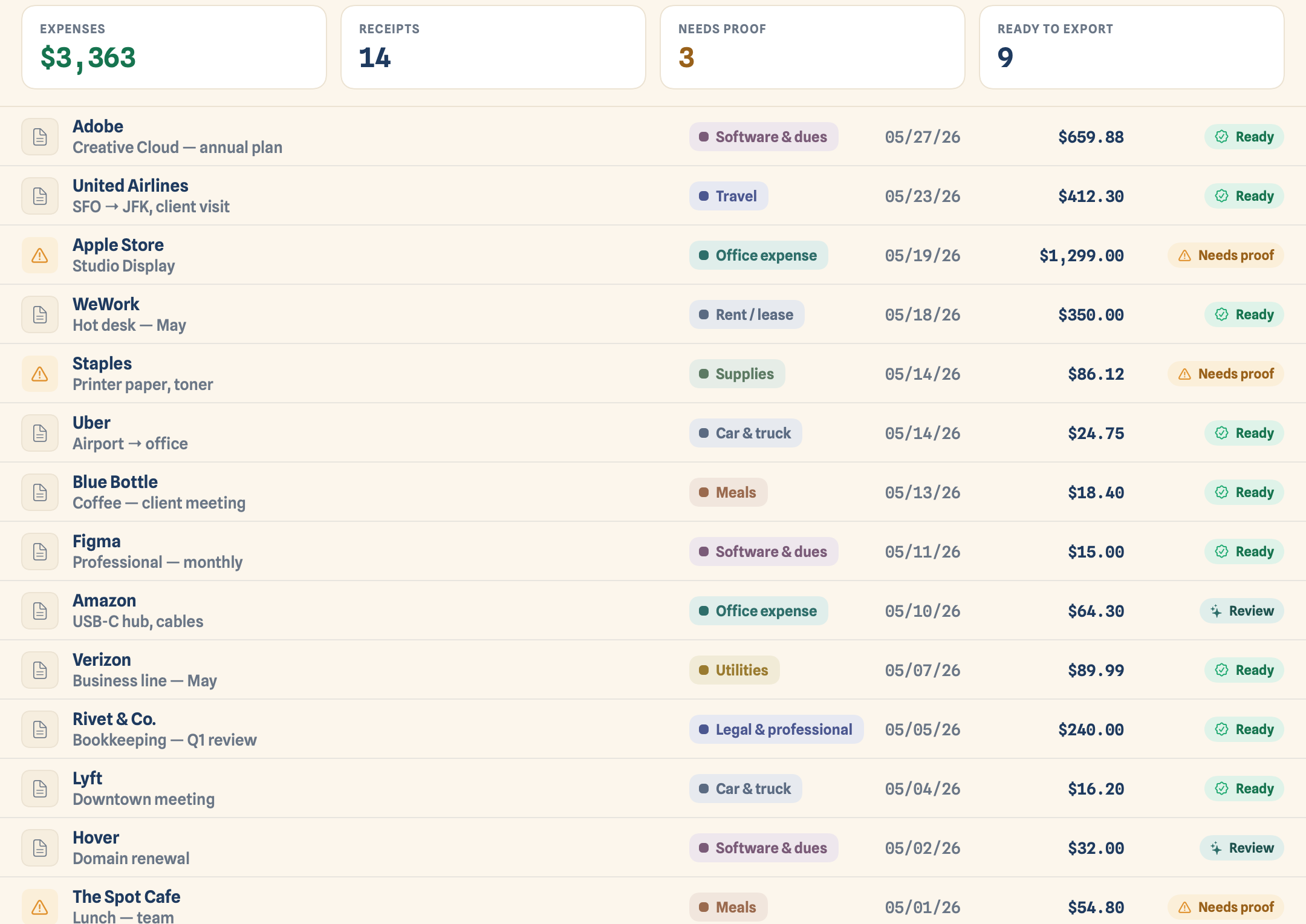 Costfolio on the Mac — full-width ledger with totals and proof status