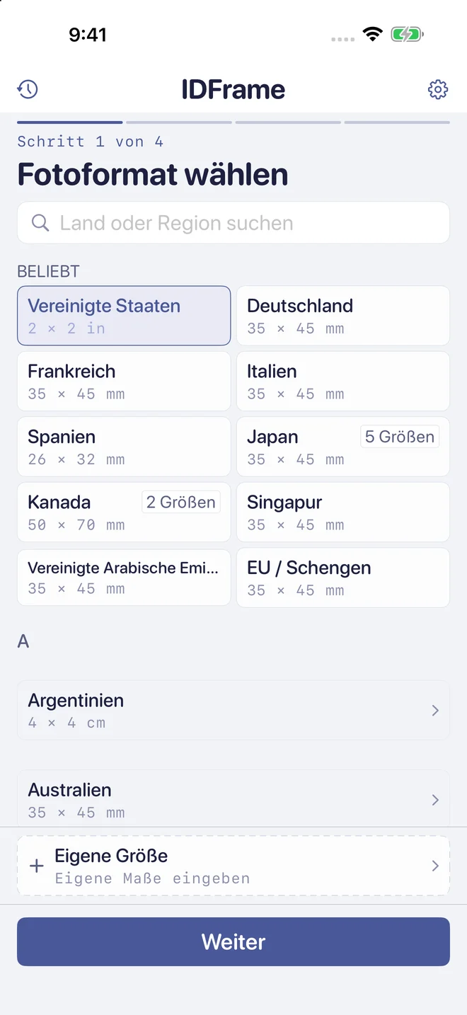 Schritt 1: Land oder eigene Fotogröße wählen.
