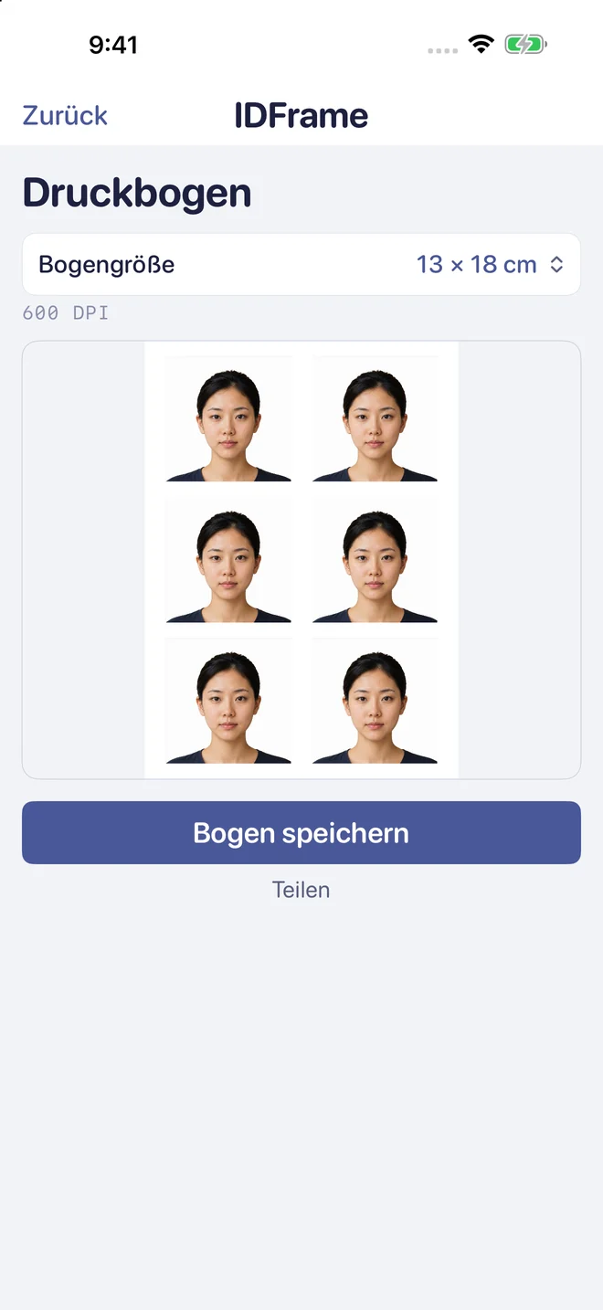 Druckfertiger Bogen mit sechs Ausweisfotos.