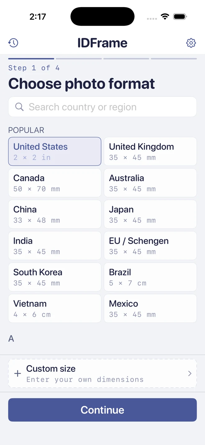 Step 1: choose a country or custom photo size.