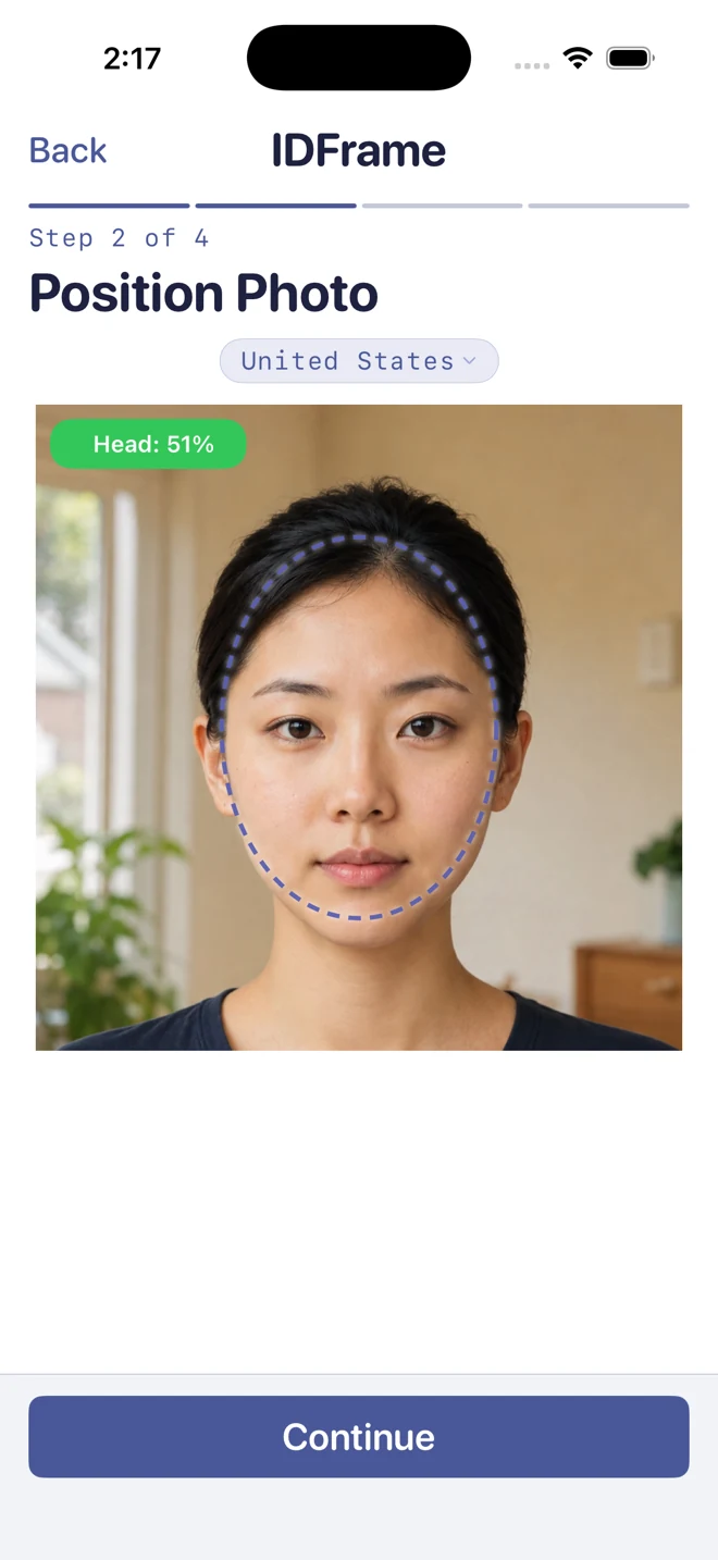 Step 2: position the face using the head-ratio guide.