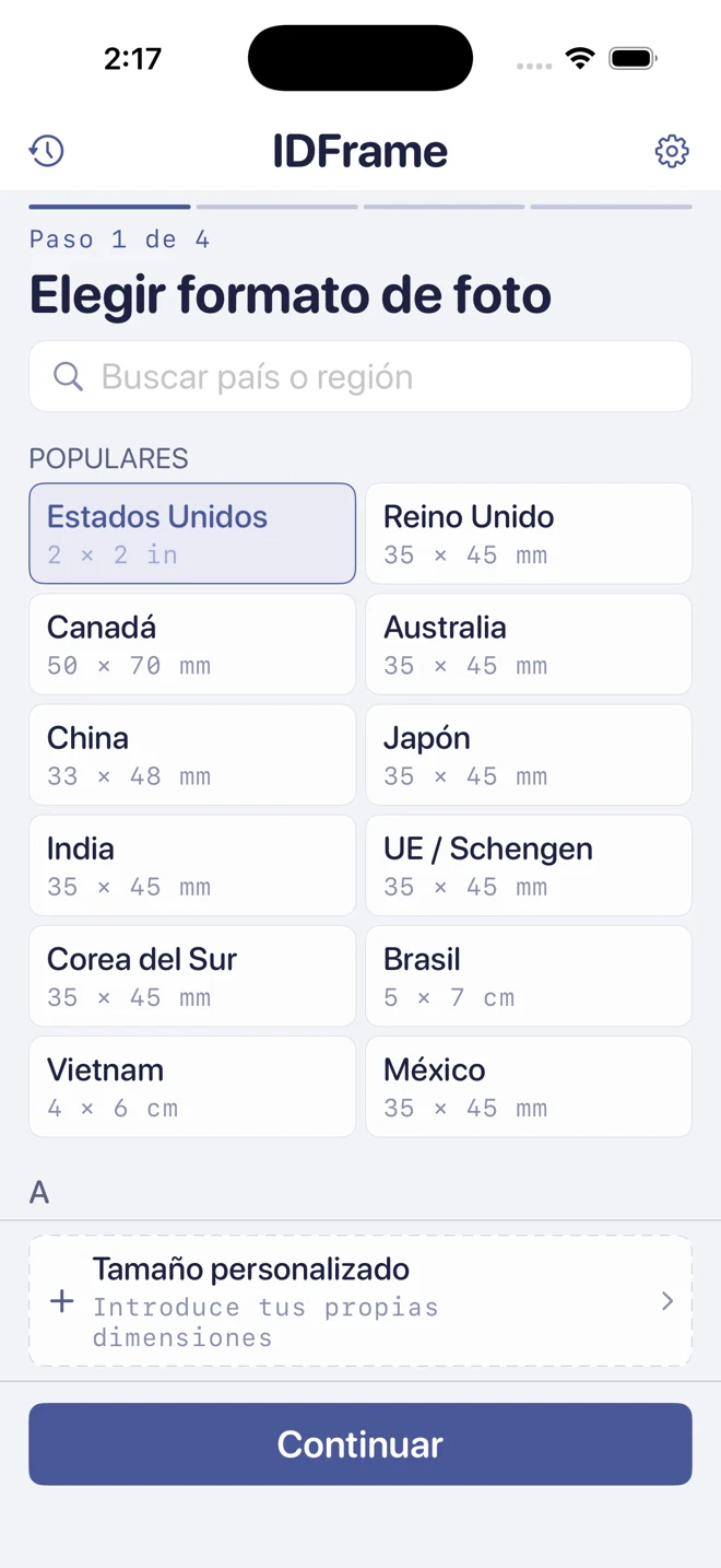 Paso 1: elige el país o un tamaño de foto personalizado.