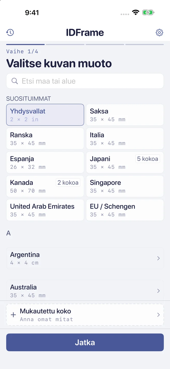 Vaihe 1: valitse maa tai mukautettu valokuvakoko.