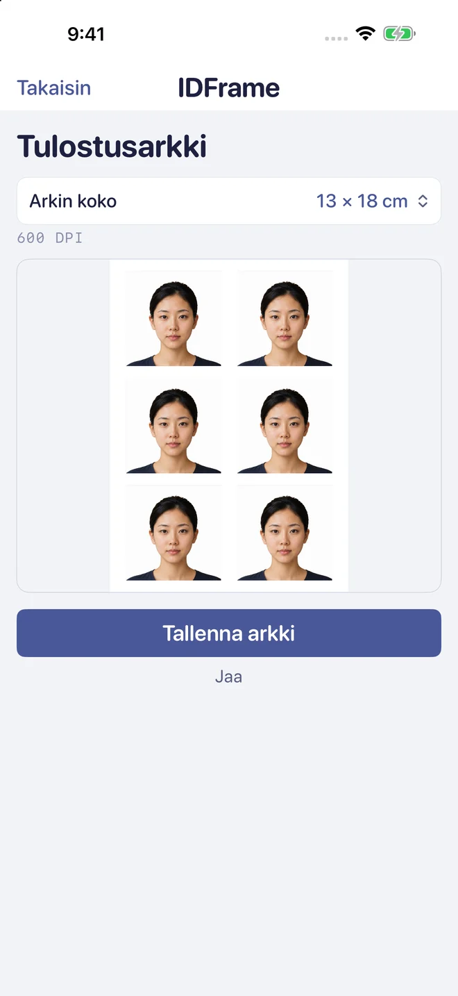 Tulostusvalmis arkki, jossa on kuusi henkilöllisyyskuvaa.