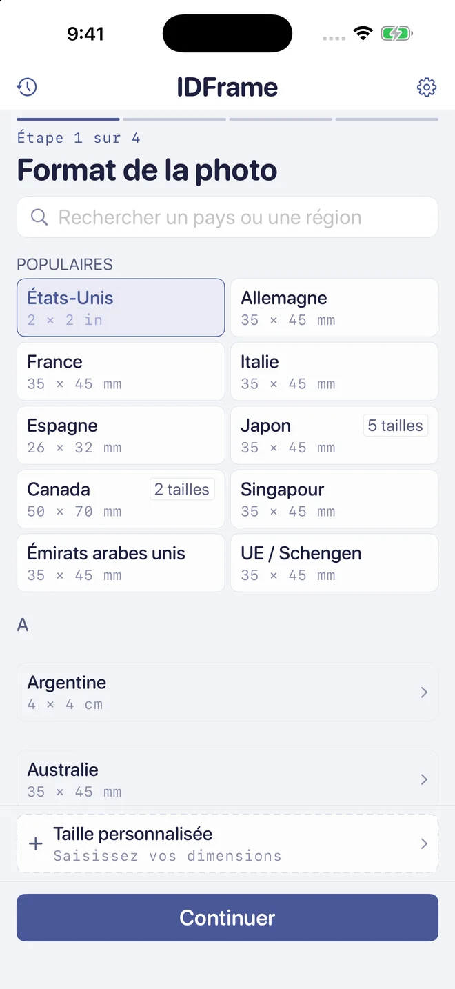 Étape 1 : choisir un pays ou des dimensions personnalisées.