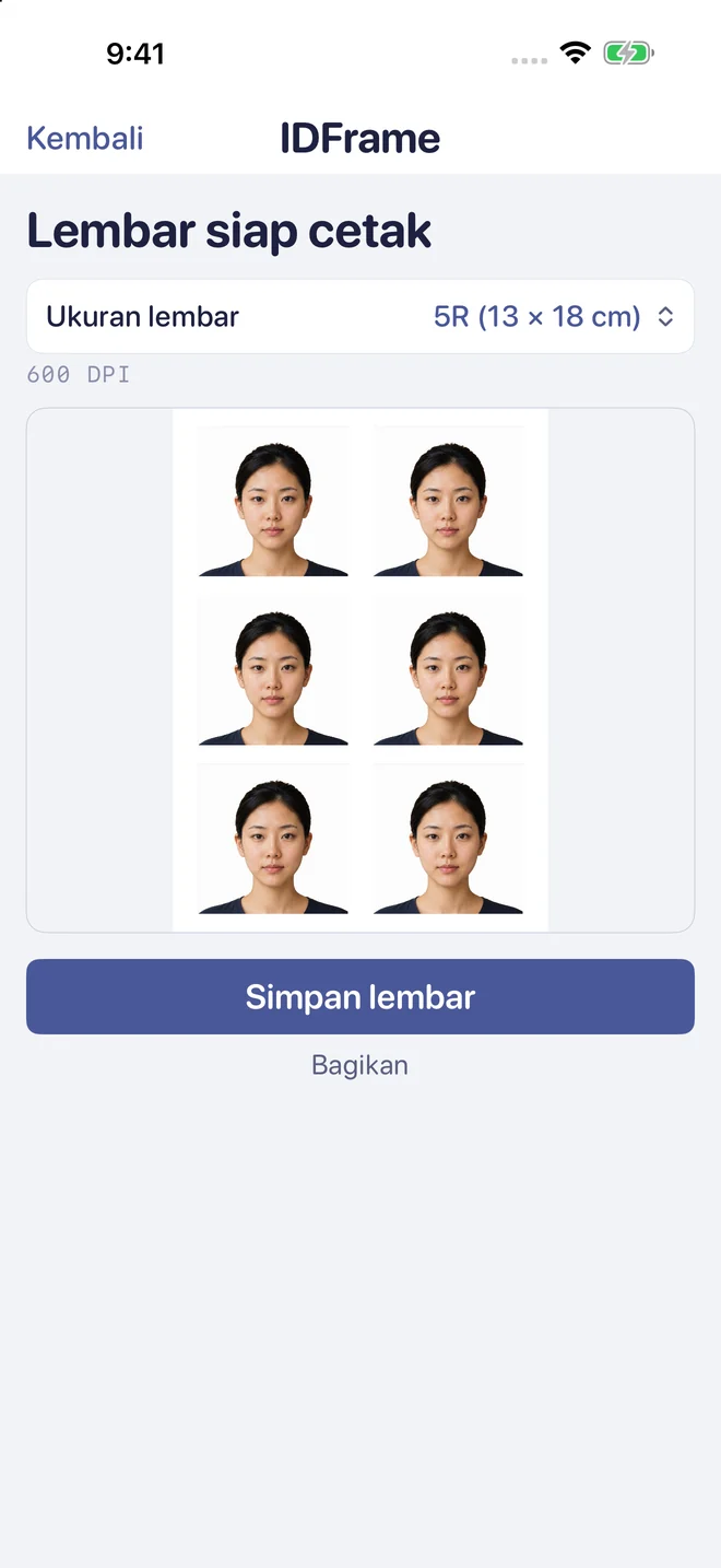 Lembar siap cetak dengan enam foto identitas.