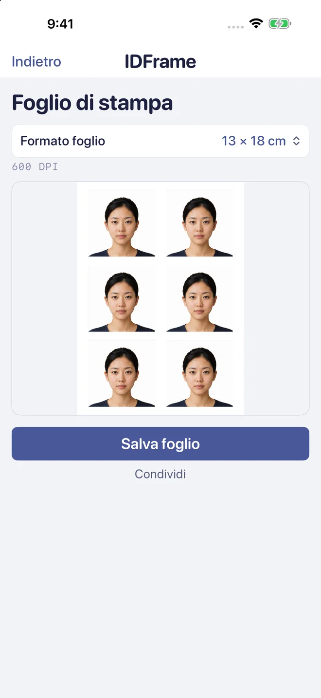 Foglio pronto per la stampa con sei fototessere.