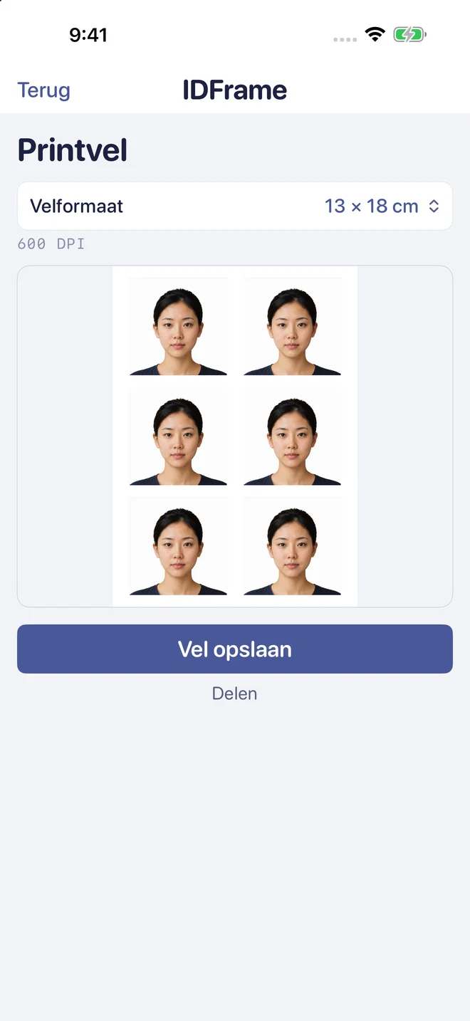 Afdrukklaar vel met zes pasfoto’s.