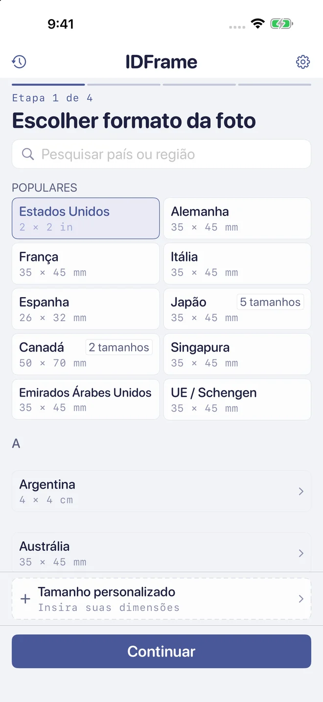 Passo 1: escolha um país ou um tamanho de foto personalizado.