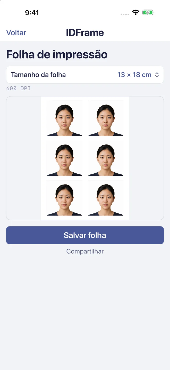 Folha pronta para impressão com seis fotos de identificação.