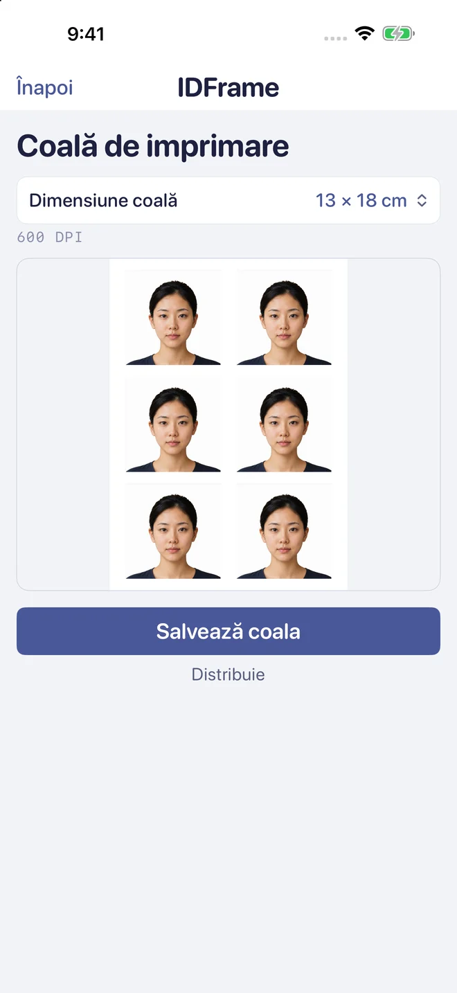 Coală gata de tipărit cu șase fotografii de identitate.