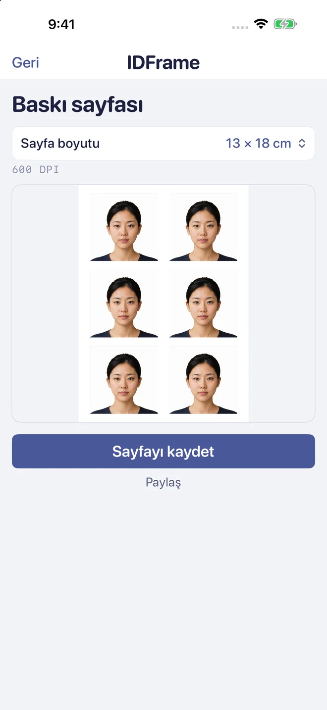 Altı vesikalık fotoğraf içeren baskıya hazır sayfa.