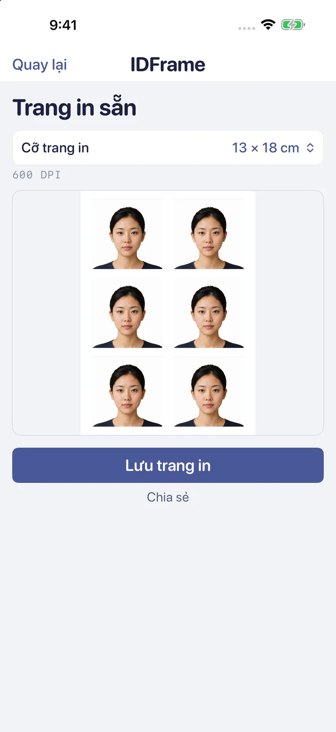 Trang sẵn sàng in với sáu ảnh thẻ.