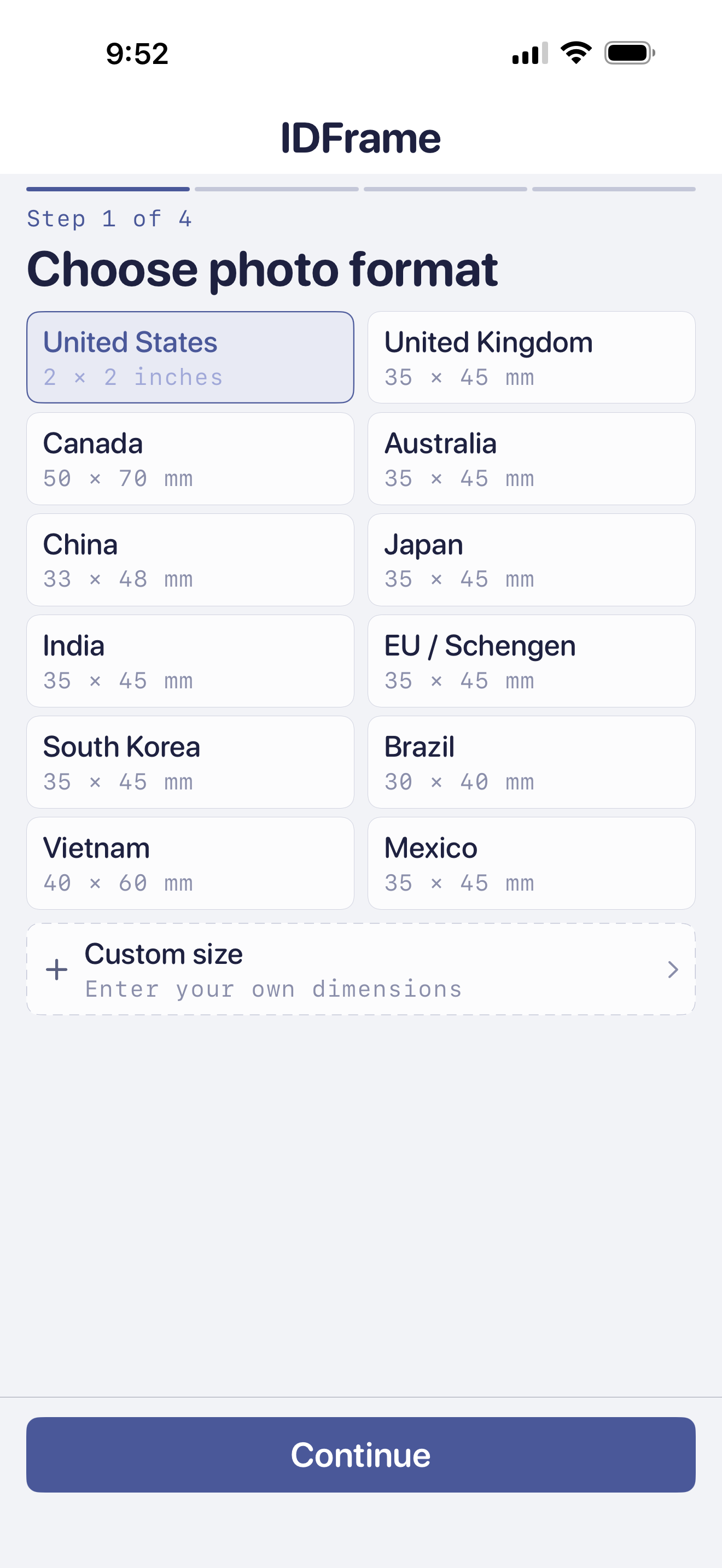 Step 1 of 4 — Choose photo format. Country grid: United States, United Kingdom, Canada, Australia, China, Japan, India, EU/Schengen, South Korea, Brazil, Vietnam, Mexico, plus Custom size.