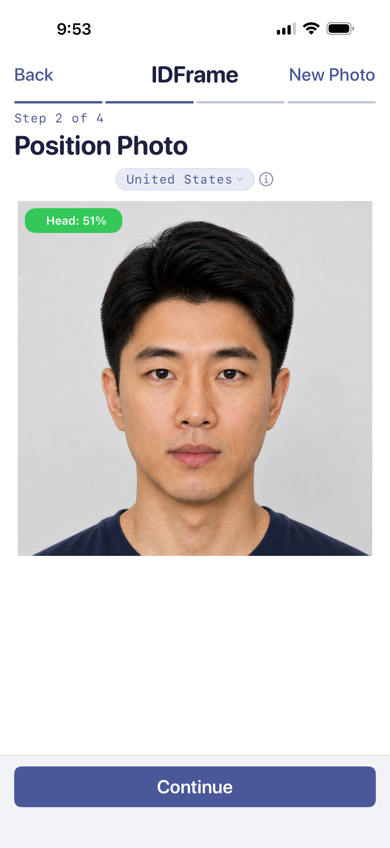 Step 2 of 4 — Position Photo. United States preset selected. A green Head: 51% badge confirms the head ratio is within passport spec.