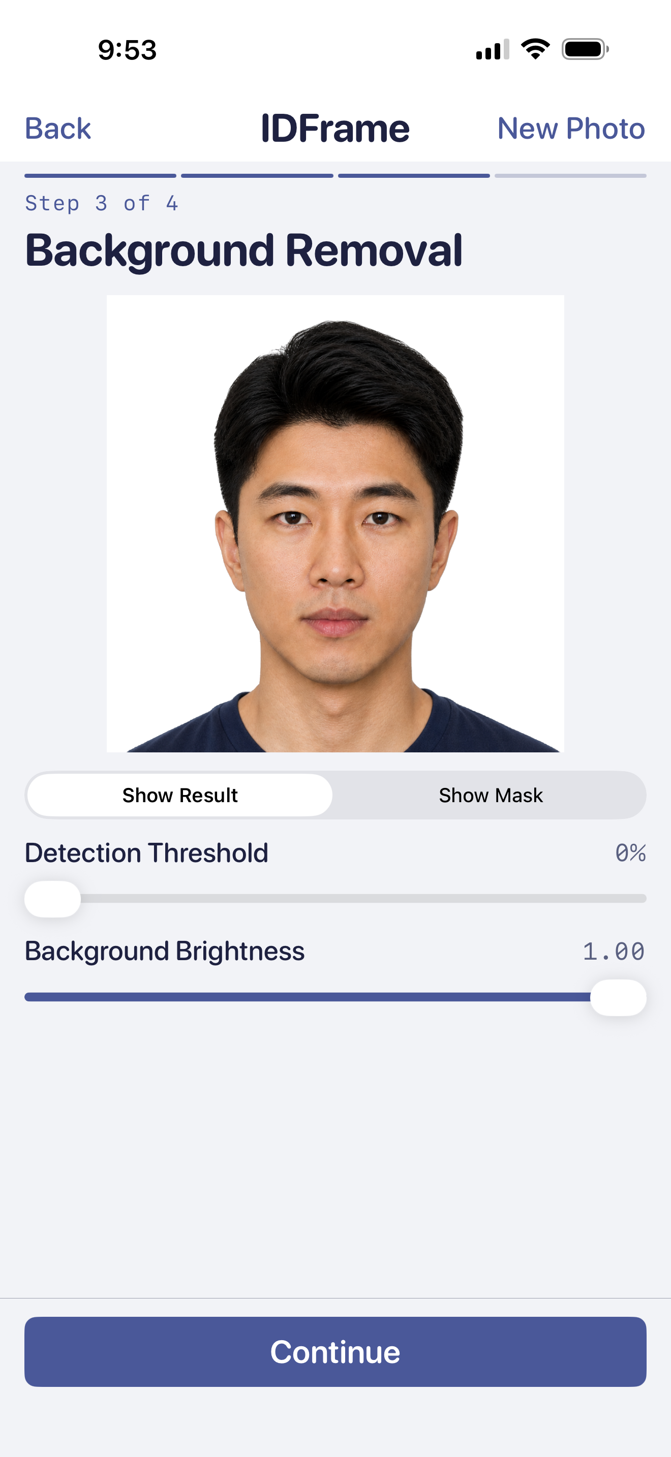 Step 3 of 4 — Background Removal with Show Result toggle and Detection Threshold and Background Brightness sliders.