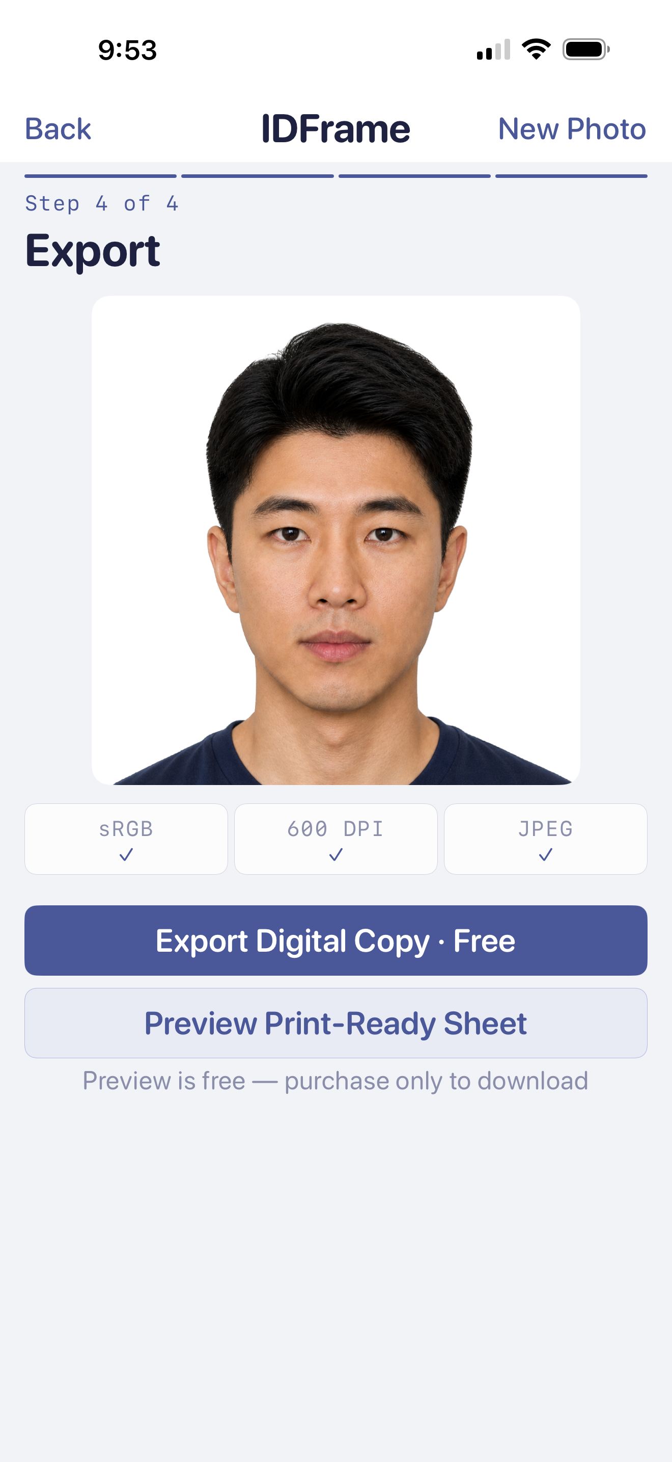 IDFrame Export step — composed passport photo with sRGB / 600 DPI / JPEG attributes and Export Digital Copy button.