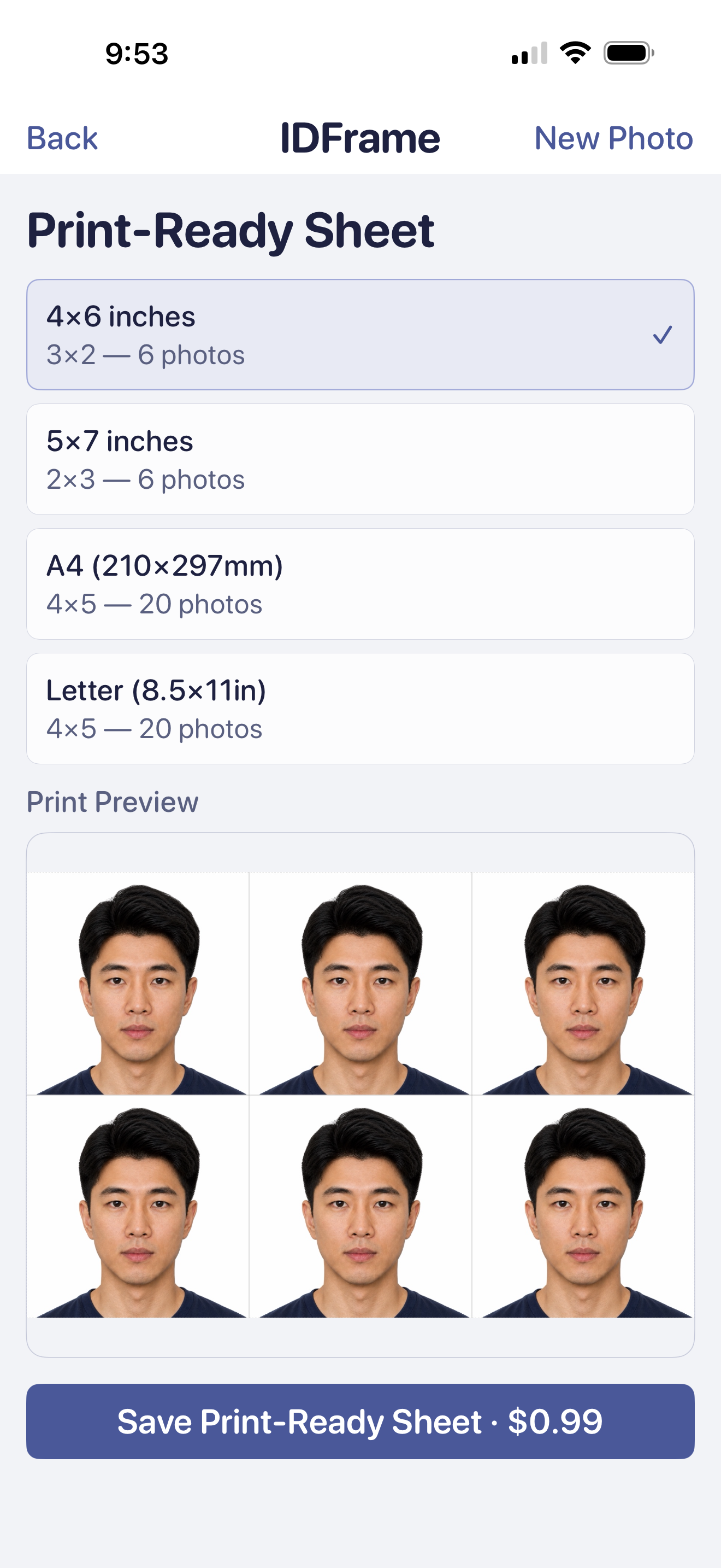 IDFrame Print-Ready Sheet picker — 4×6 inches selected, six-photo preview, Save Print-Ready Sheet $0.99 button.