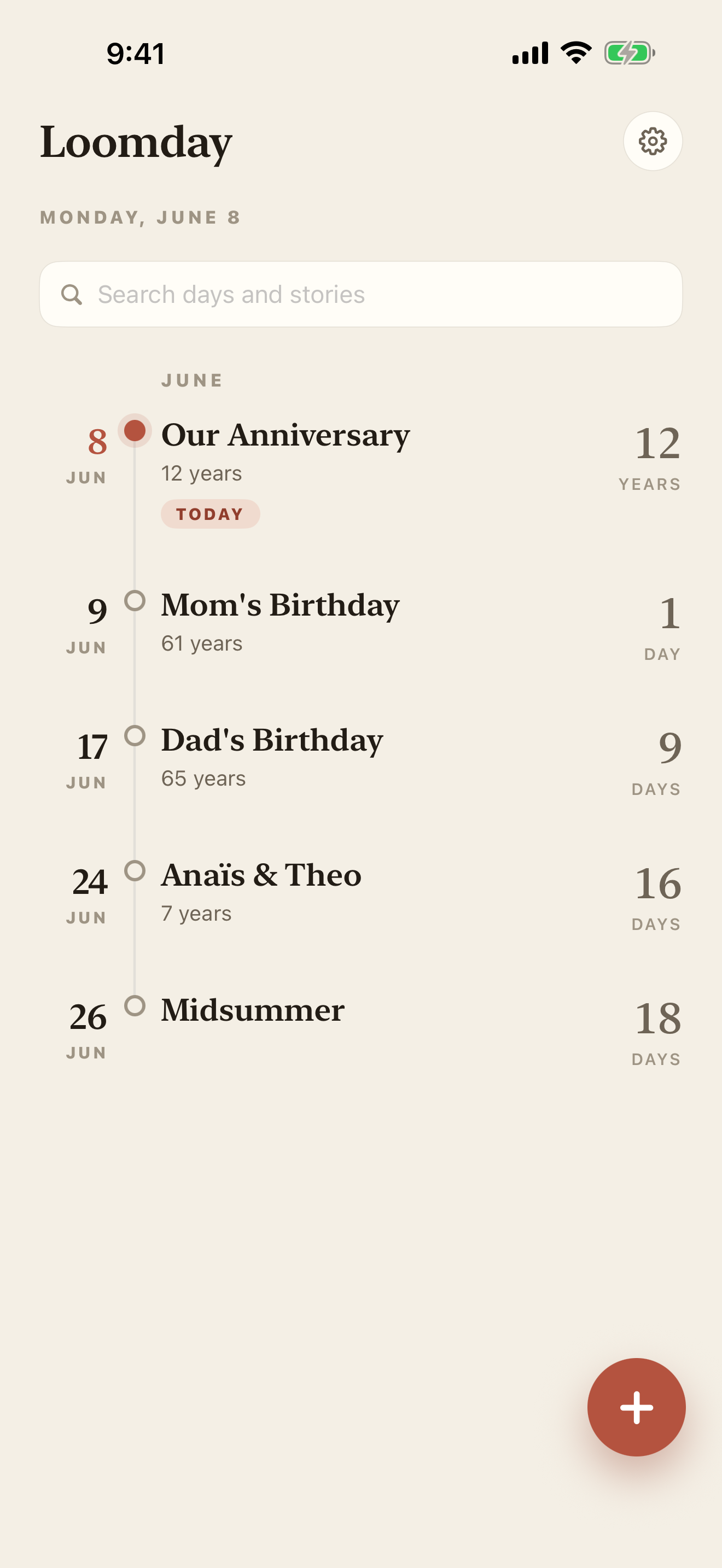 Loomday home — your timeline of upcoming days